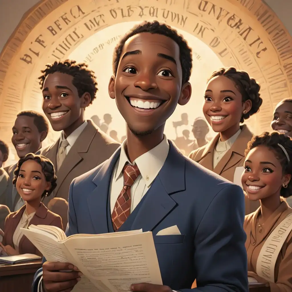 Cartoon-style African Americans bill of rights smiling