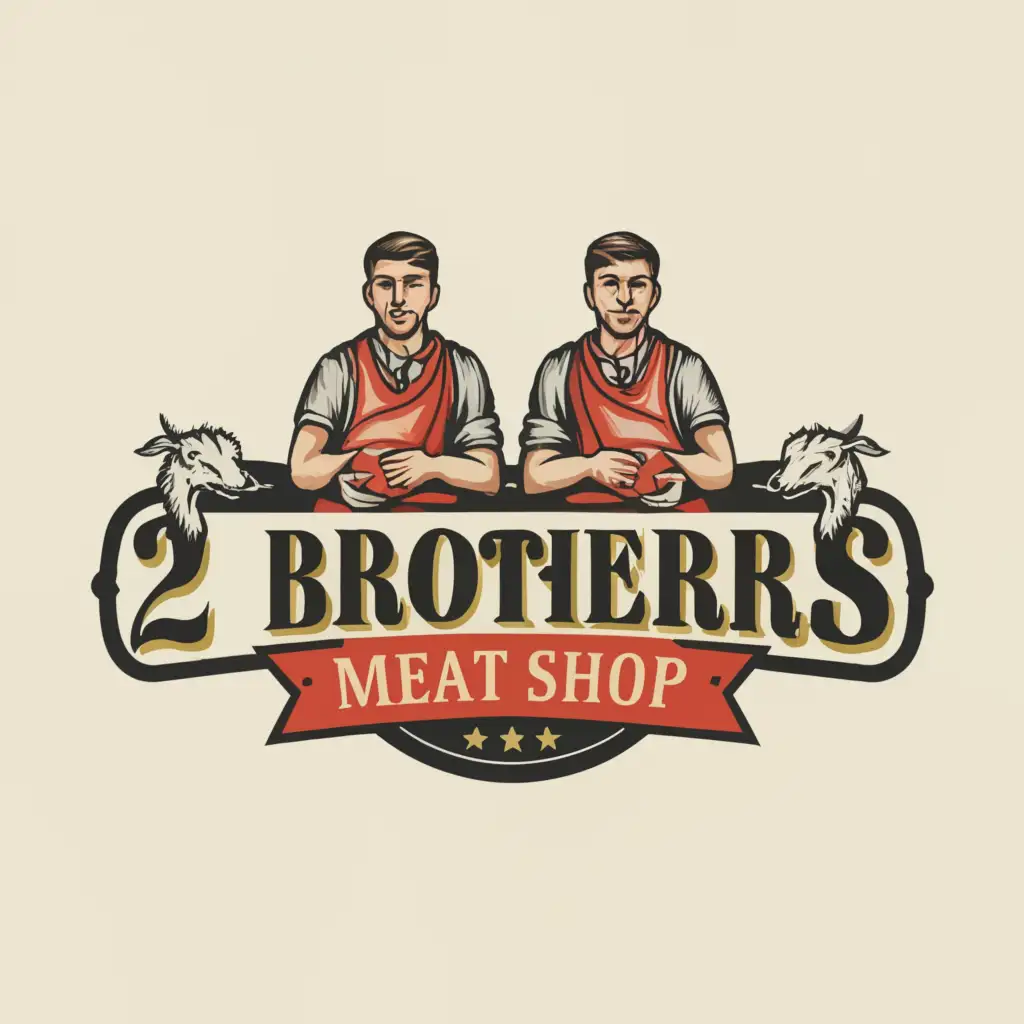 LOGO-Design-for-2-Brothers-Meat-Shop-Featuring-Two-Brothers-and-Iconic-Meat-Imagery