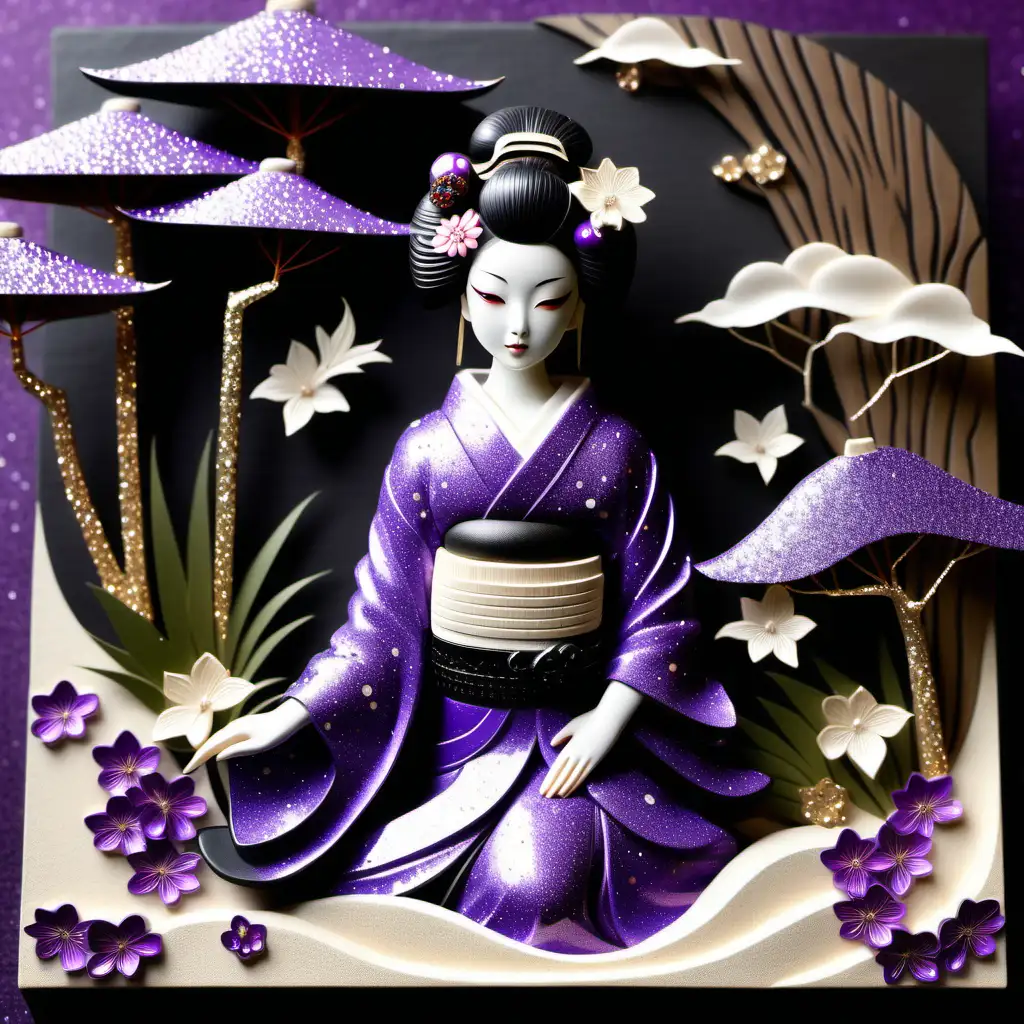 beautiful zen garden with gorgeous geisha , sparkle, glitter, purple, black, ivory