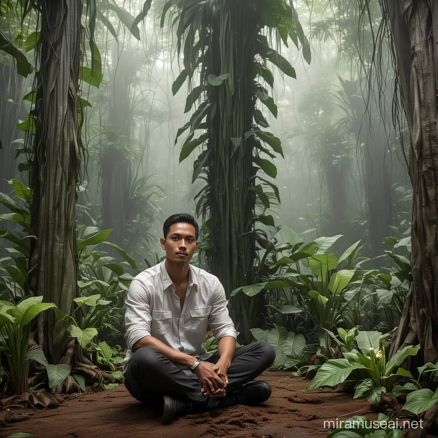 Realistic photoshop of a handsome Indonesian man sitting cross-legged facing the corpse flower that will bloom in the Cibodas Botanical Gardens as the background for the blooming corpse flower.