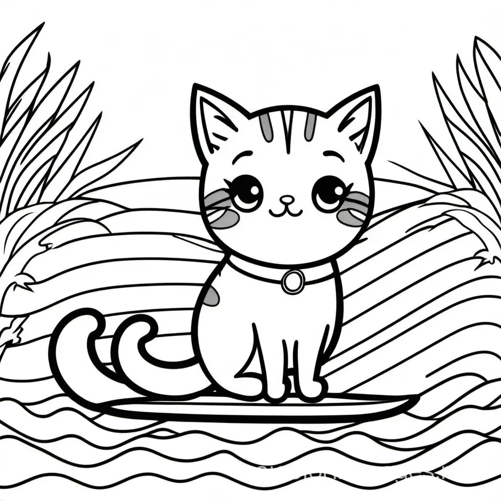 kawaii cat on surfboards black and white colouring book , Coloring Page, black and white, line art, white background, Simplicity, Ample White Space. The background of the coloring page is plain white to make it easy for young children to color within the lines. The outlines of all the subjects are easy to distinguish, making it simple for kids to color without too much difficulty