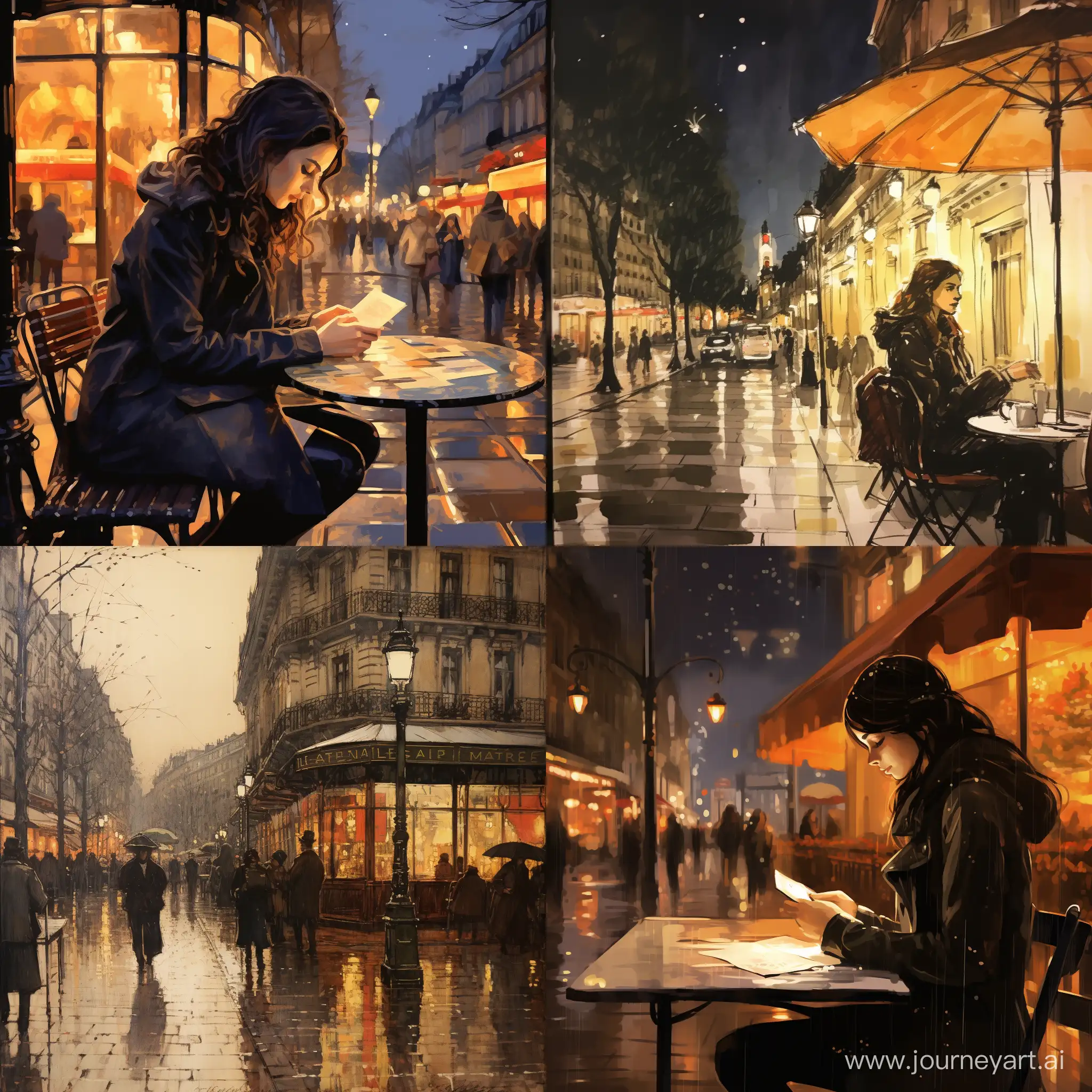 Image: A bustling Parisian street corner, rain-slicked cobblestones reflecting the warm glow of streetlamps. A cafe's awning shelters a young woman, AMY (20s), sketching in a notebook, her brow furrowed in concentration.