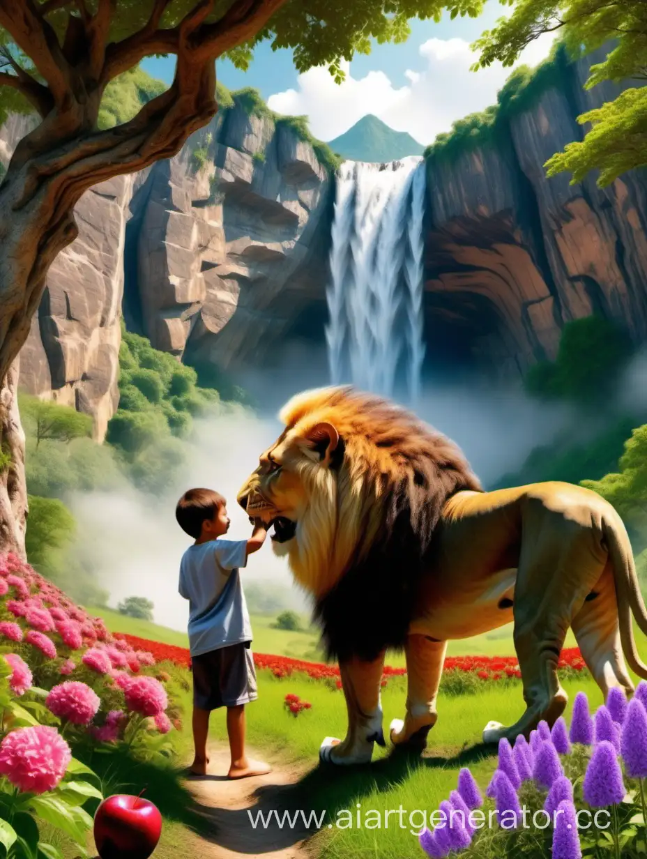 Scenic-Field-with-Boy-Feeding-Lion-Amongst-Flowers