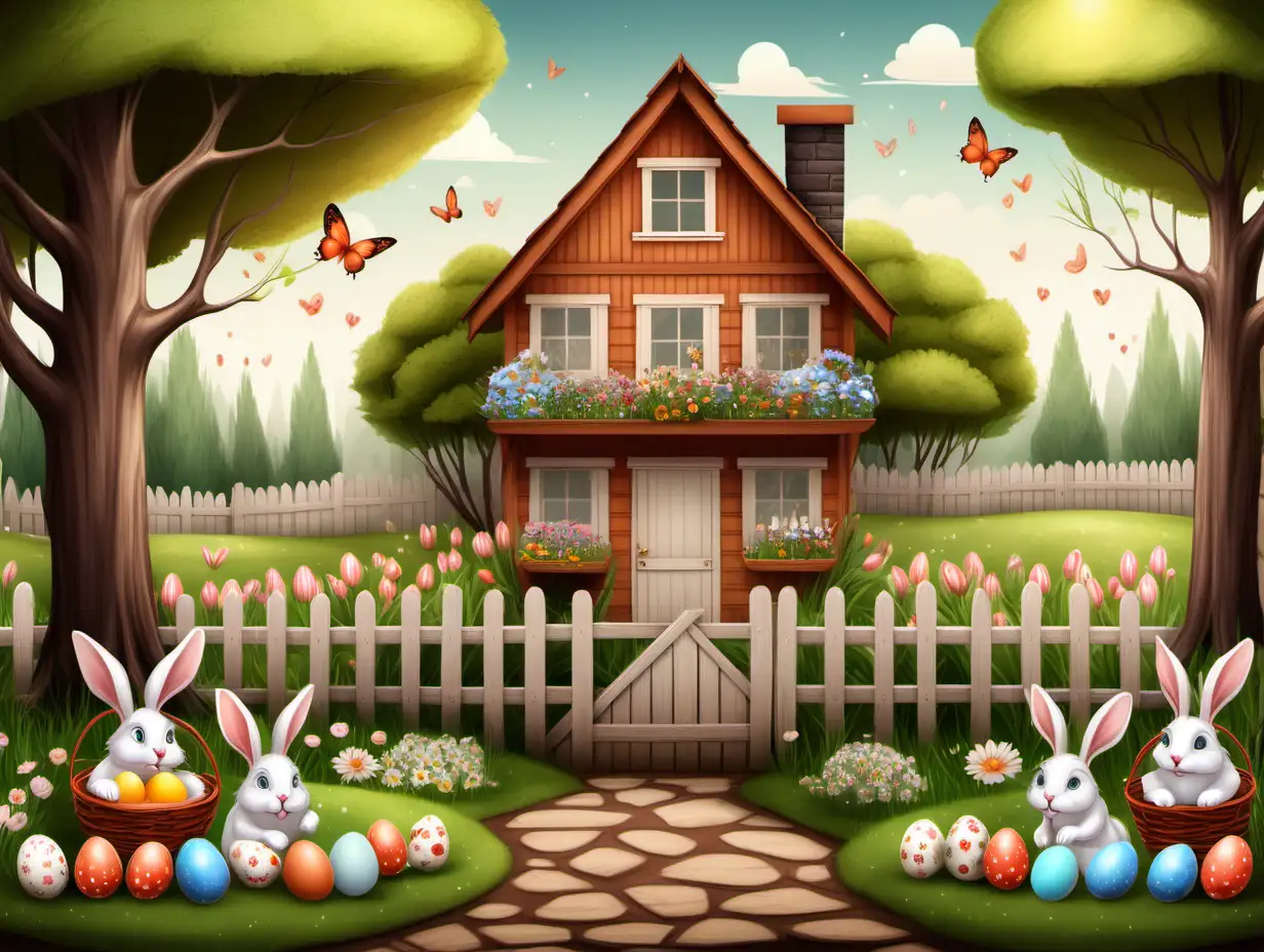 casa de madera con cerco, parque, conejo romantico, canastos con huevos, macetas con flores, huevos pintados con dibujos