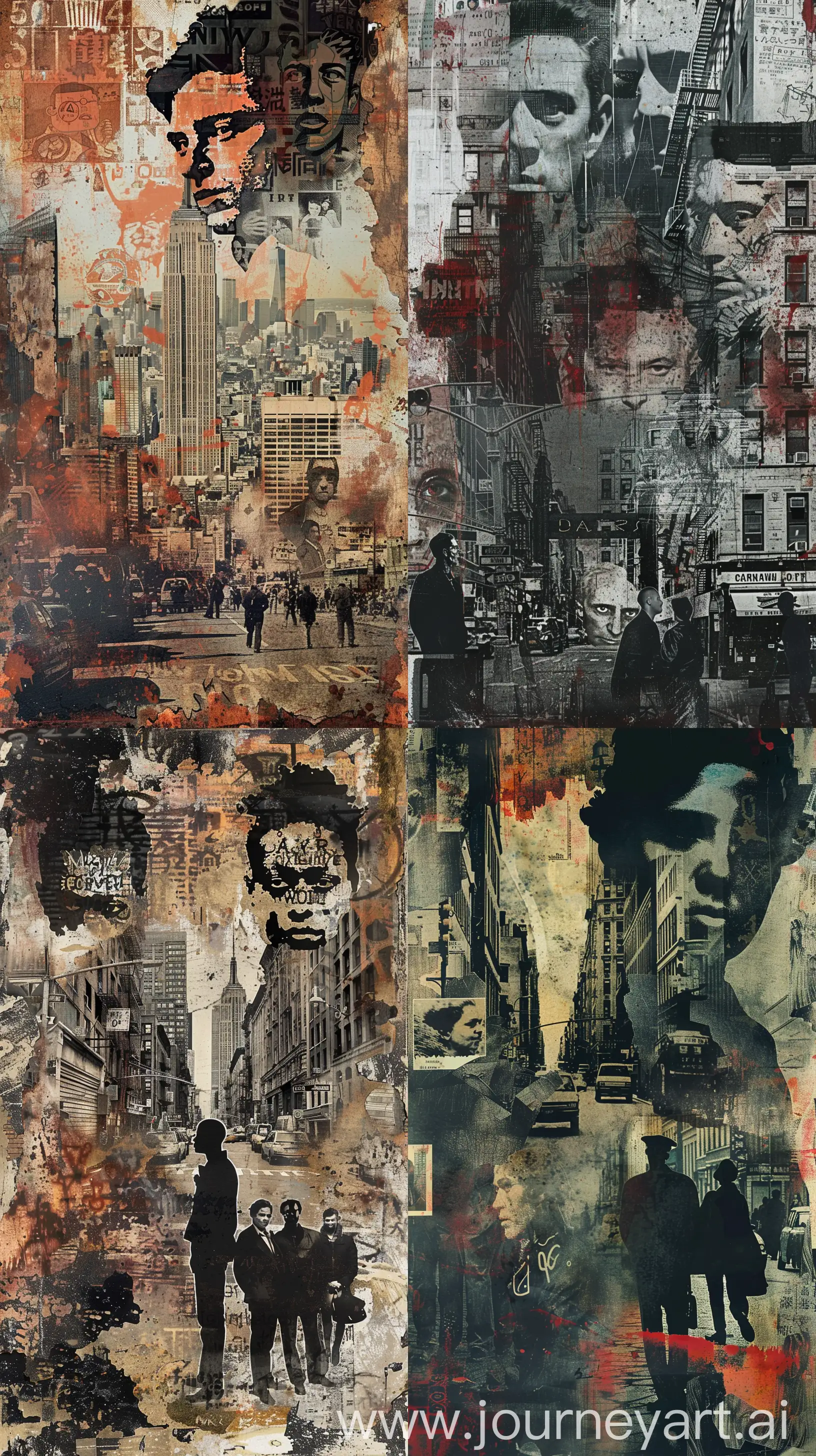 Imagine a phone wallpaper that reflects the provocative and poignant style of David Wojnarowicz, depicting an urban landscape overlaid with a collage of historical and personal imagery. Use a gritty, textured background to represent the streets of New York, with stenciled figures and faces that speak to the struggles and stories of the city's inhabitants. The composition, rich with Wojnarowicz's symbolic language, should capture a sense of urgency and raw emotion, making for a powerful and creative statement on your device.` --ar 9:16