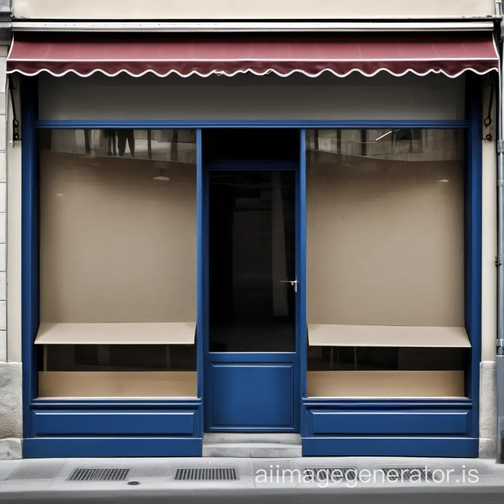 storefront of an empty shop window on a street in France and the photo must be realistic