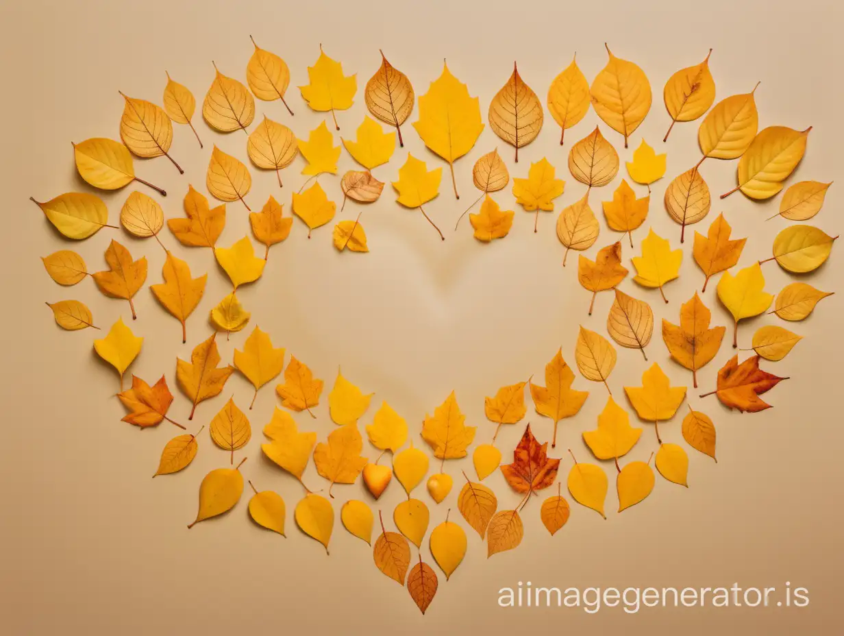 yellow leaves of trees are laid out in the shape of a heart on a uniform solid background/ symmetrical photography, leaves, autumn, leafless leaves, withered leaves, heart, shape, layout, copy space, color harmony, autumn color, photorealism, daylight