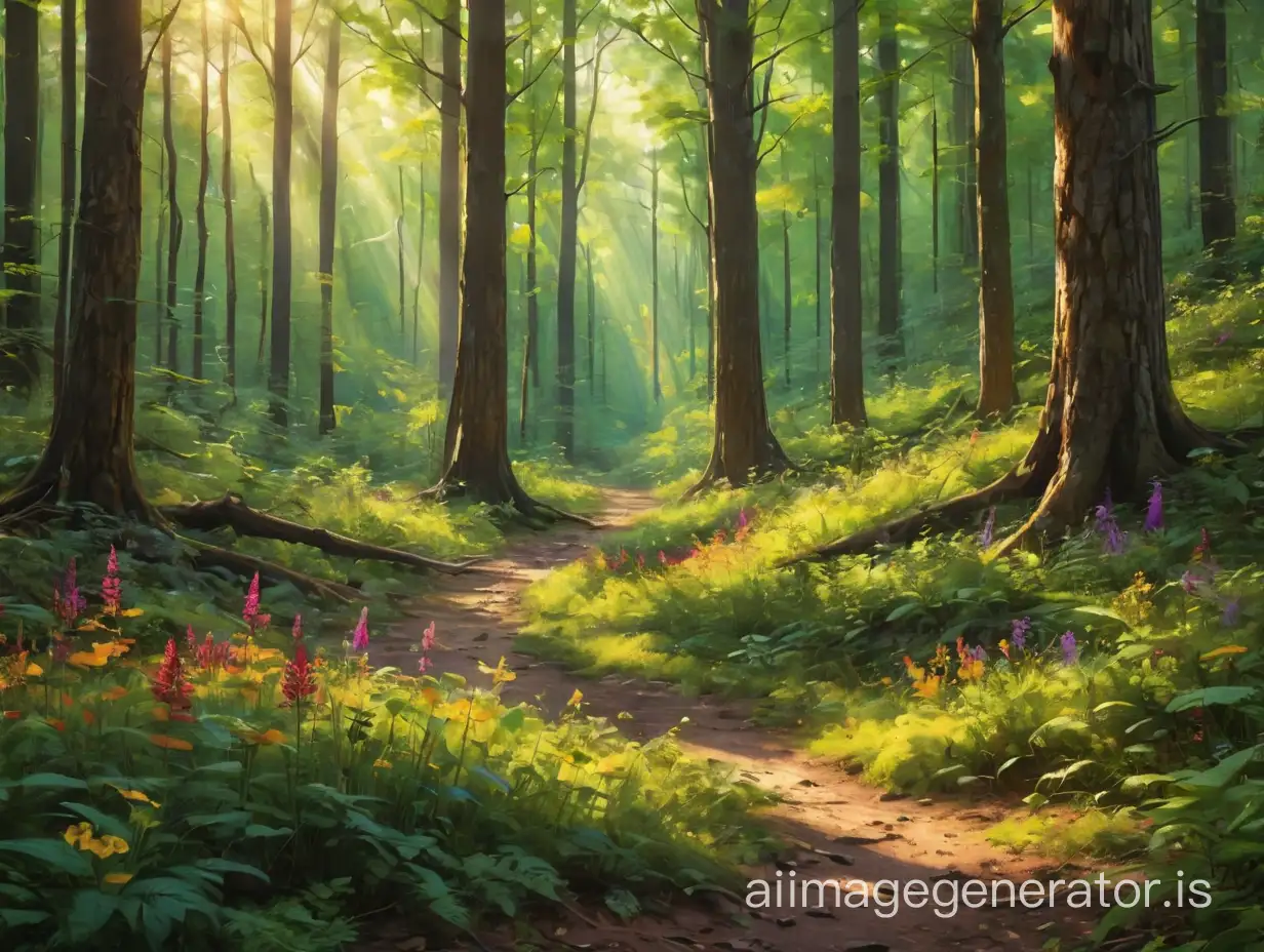 A breathtaking landscape of towering trees with emerald green leaves. Shafts of golden sunlight filter through the dense canopy, casting dappled shadows on the forest floor. Colorful wildflowers bloom in abundance, adding splashes of crimson, violet, and gold to the lush surroundings. Butterflies flit from flower to flower, while birdsong fills the air with melodious tunes.