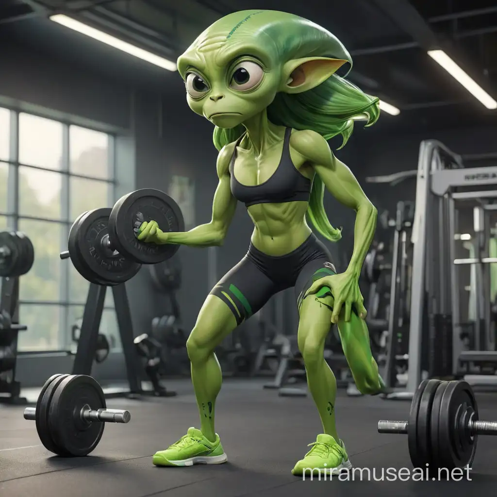 Um extraterrestre verde na academia, treinando musculação usando calça legging contemporânea e estilosa para meme publicidade