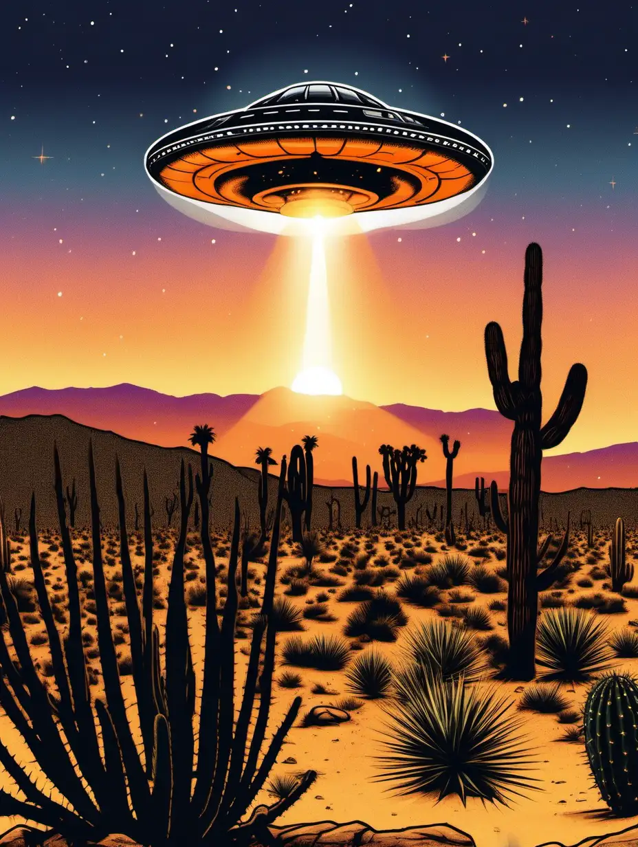 A ufo is centered over head in the sky with a ray coming down from the ufo to beam somebody up. Thet scene is a desert in Joshua Tree with a orange sunrise coming over mountain lots of cactus on the ground.  