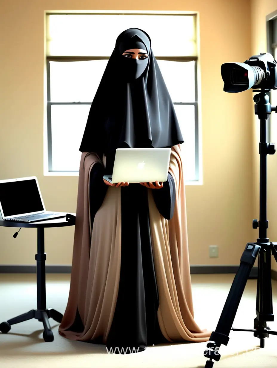 Мусульманка в очень широком светлом платье, на голове никаб до земли не видно лица и глаз стоит в кабинете с ноутбуком сзади штатив с фотоаппаратом