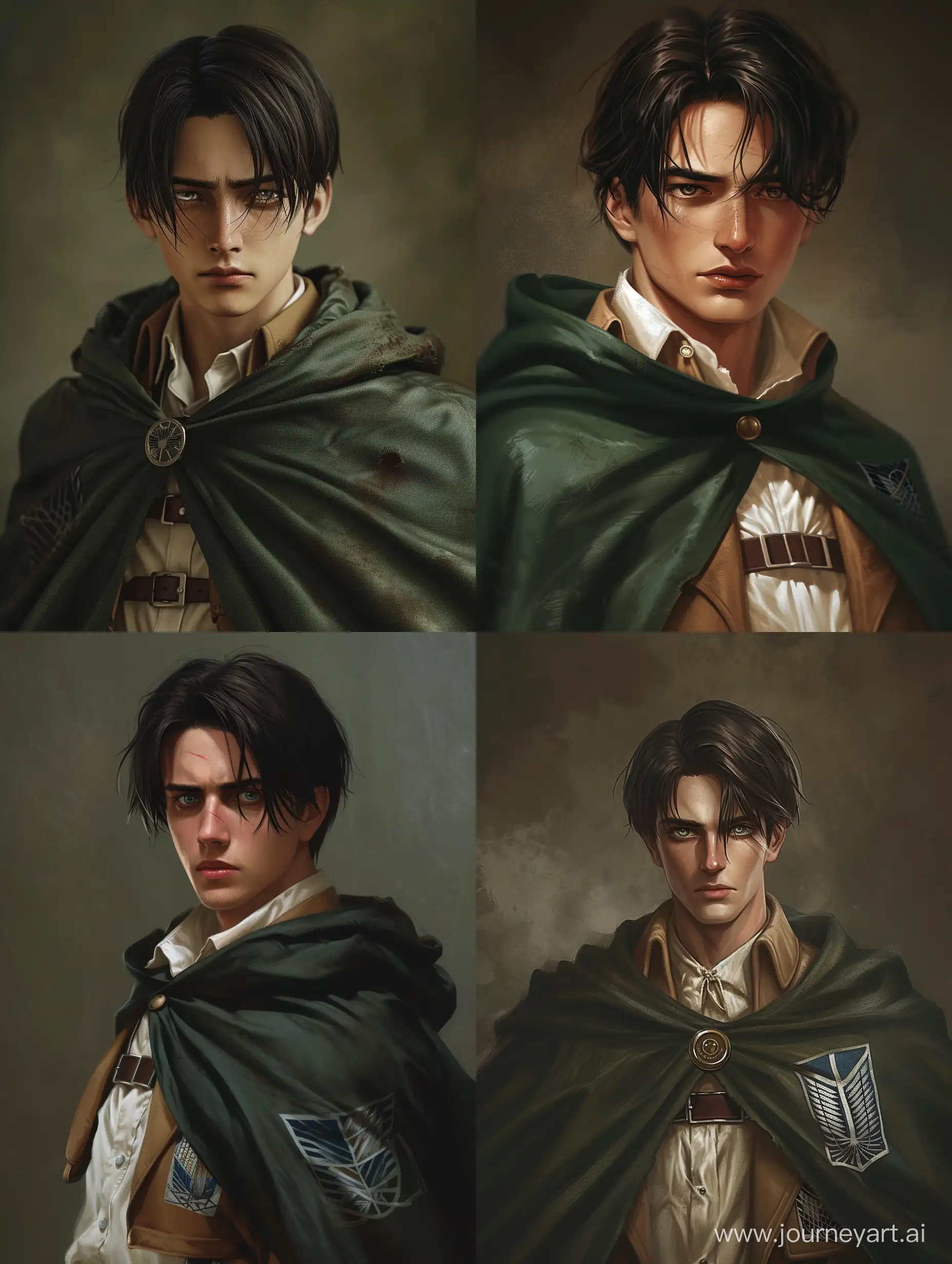 Realistic Levi Ackerman from Attack on Titan, in his 30s, with normal dark circles, slight mocking smirk, wearing survey corps cape