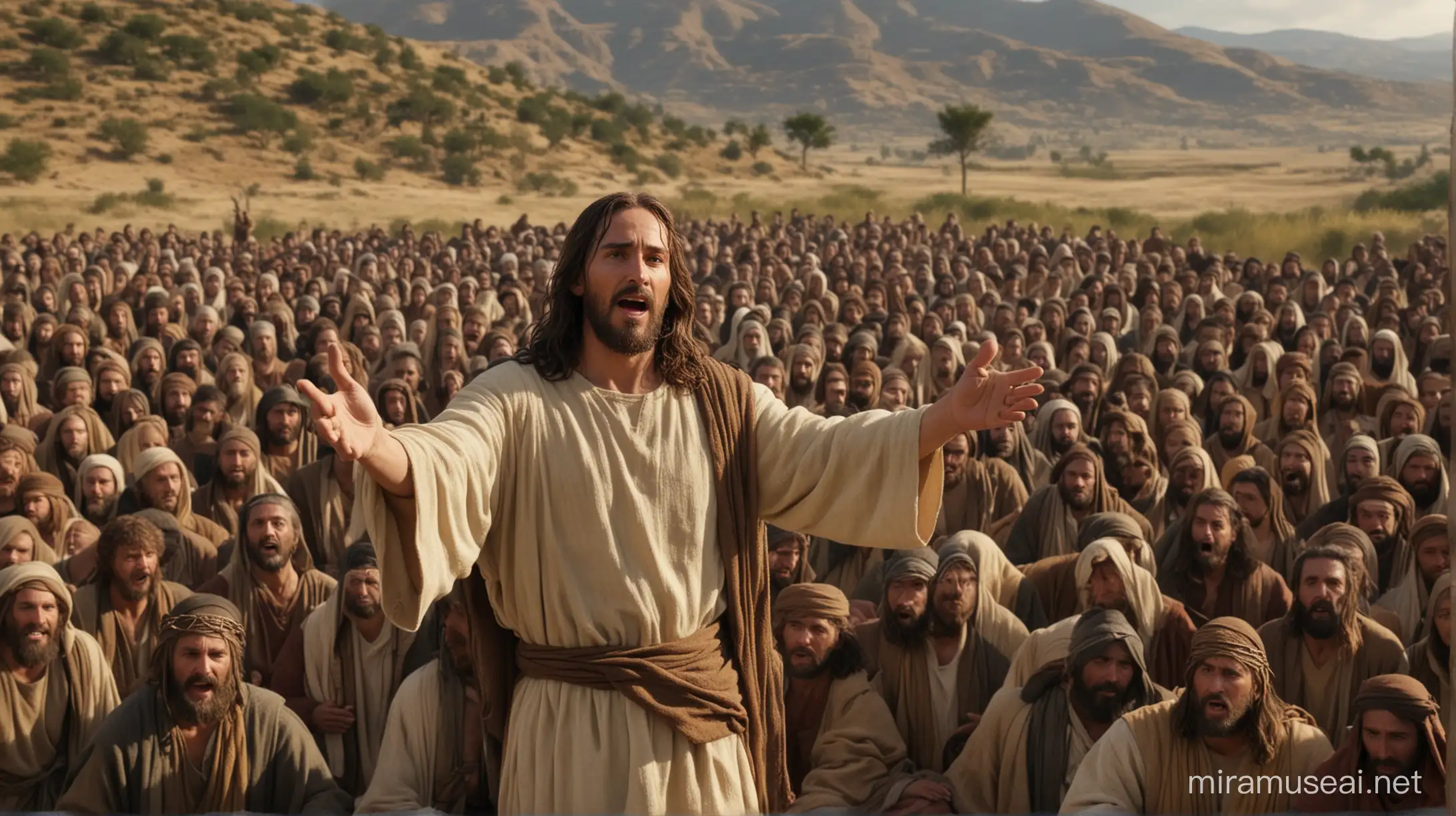 create image of Jesus speaking to his followers in parables. 6k resolution, more realistic, based on the movie The Passion of the Christ.