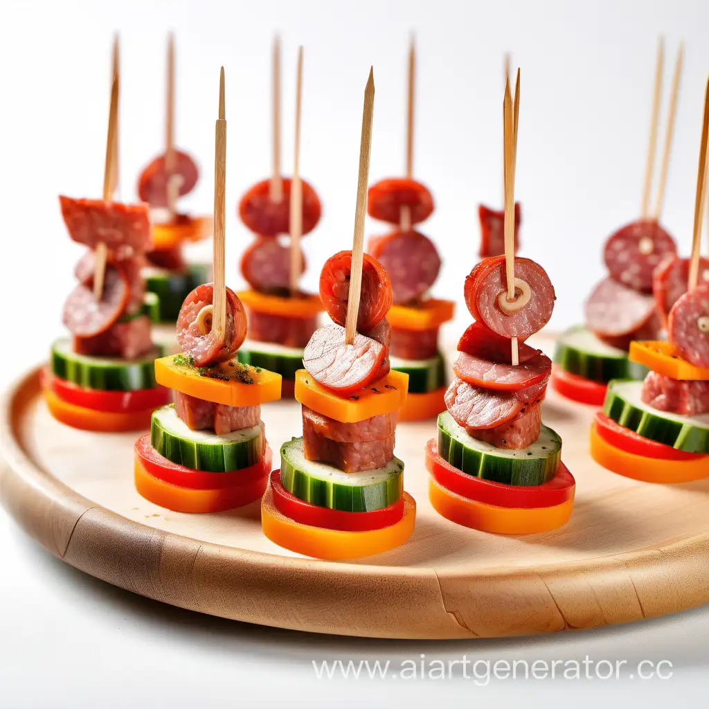 канапе из овощей и  тонко нарезанной колбасы с деревянными шпажками стоят на круглой тарелке на белом фоне