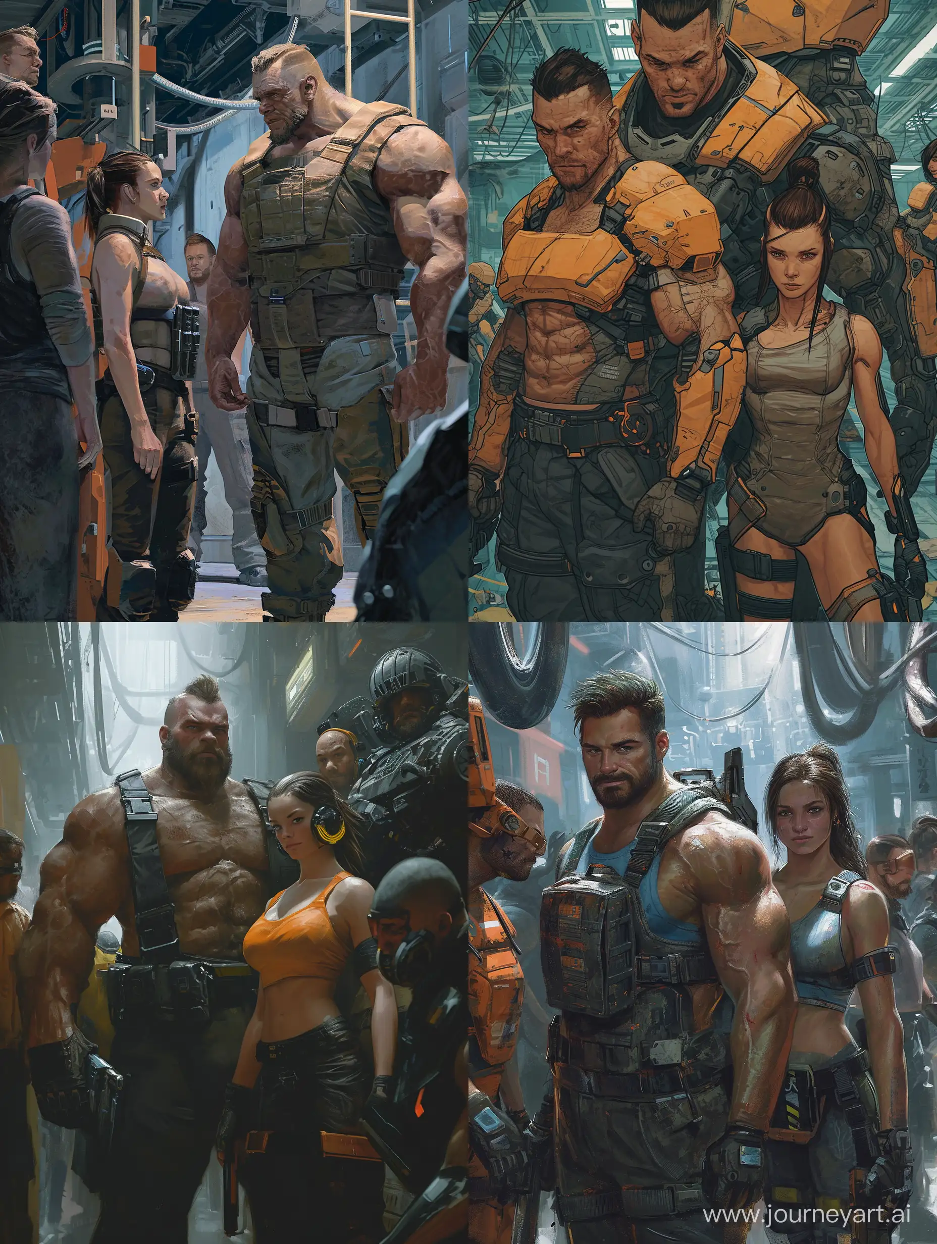 group of people working together, strong man and woman, dystopian, sci - fi, missing panels, tech wear, missing panels, artstation, detailed, award winning, concept art