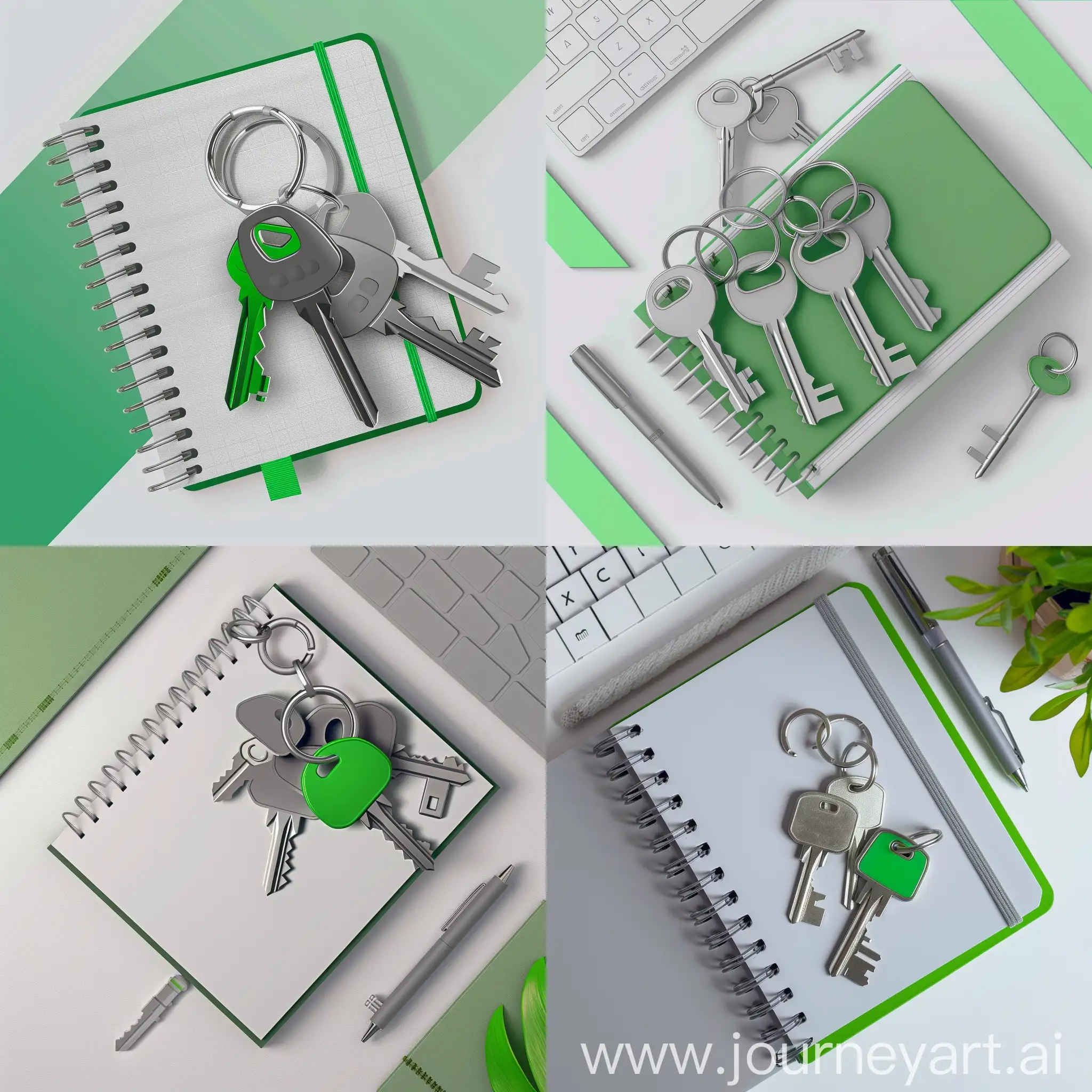 Create an image of a notebook with desktop background with stylized house keys and keychain in green and gray. This will be used as a symbol to represent the process of electronic real estate registration. Make sure the design looks modern and visually appealing while keeping it simple and easily recognizable. No background.