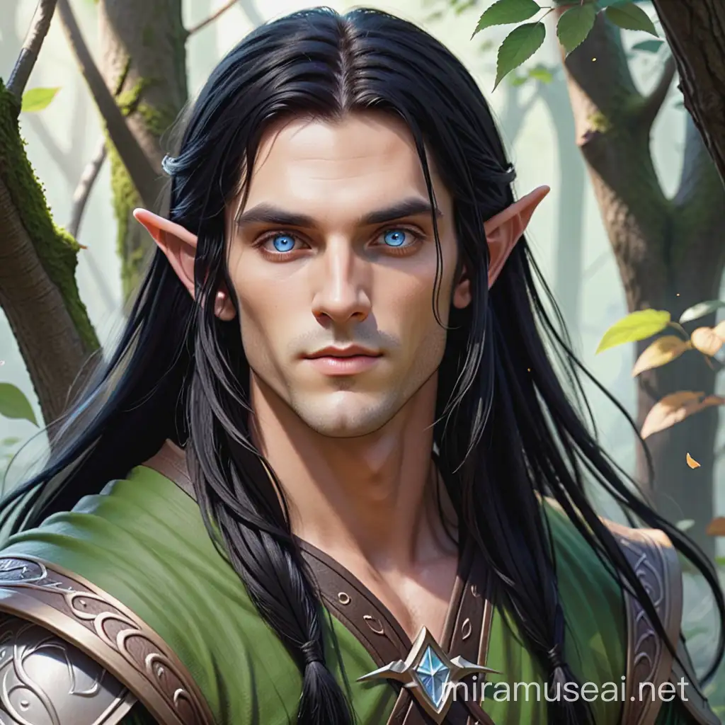 male wood elf with long black hair and pure white eyes.