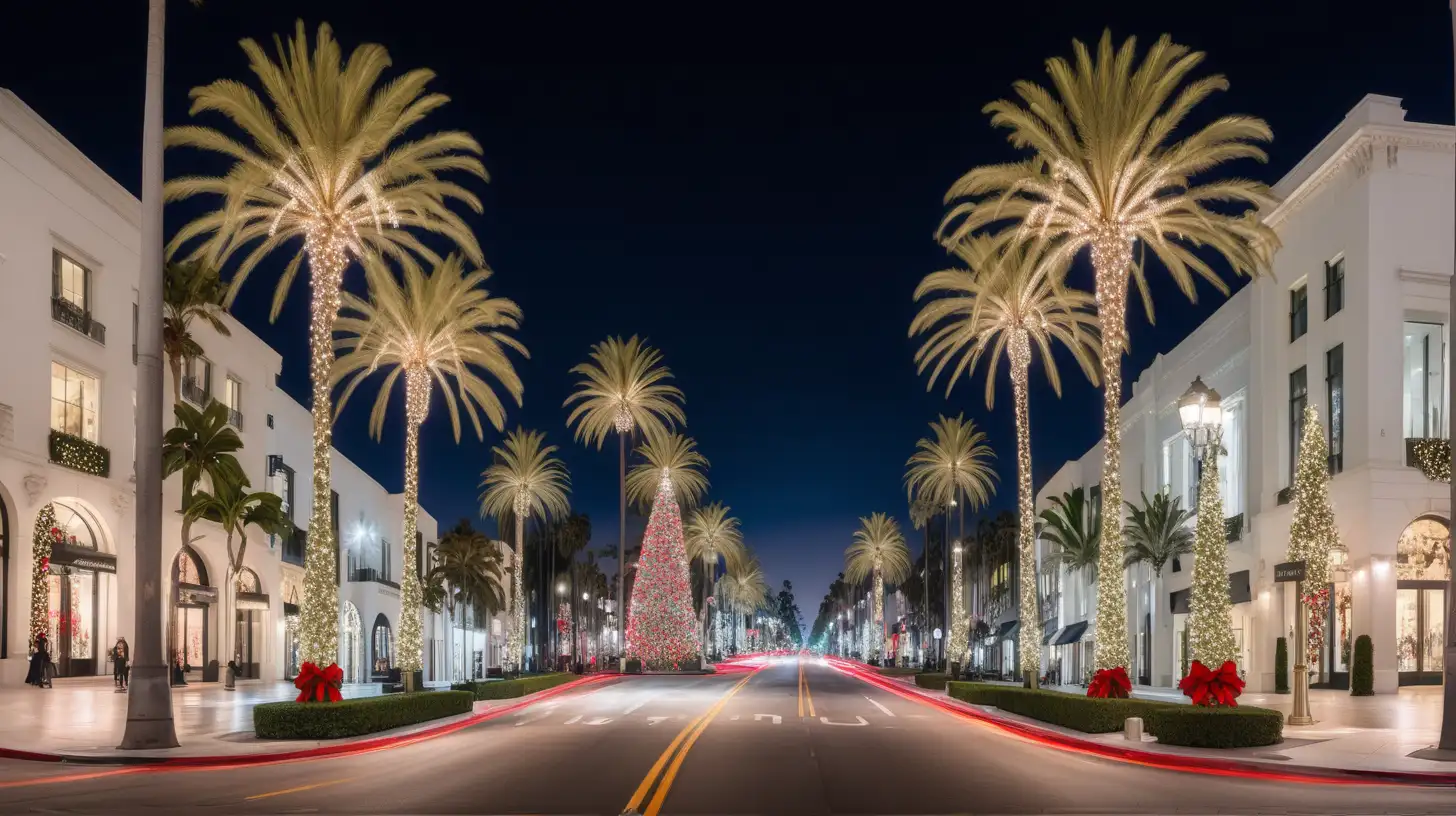 beverly hills rodeo drive at night with with palm trees and christmas holiday