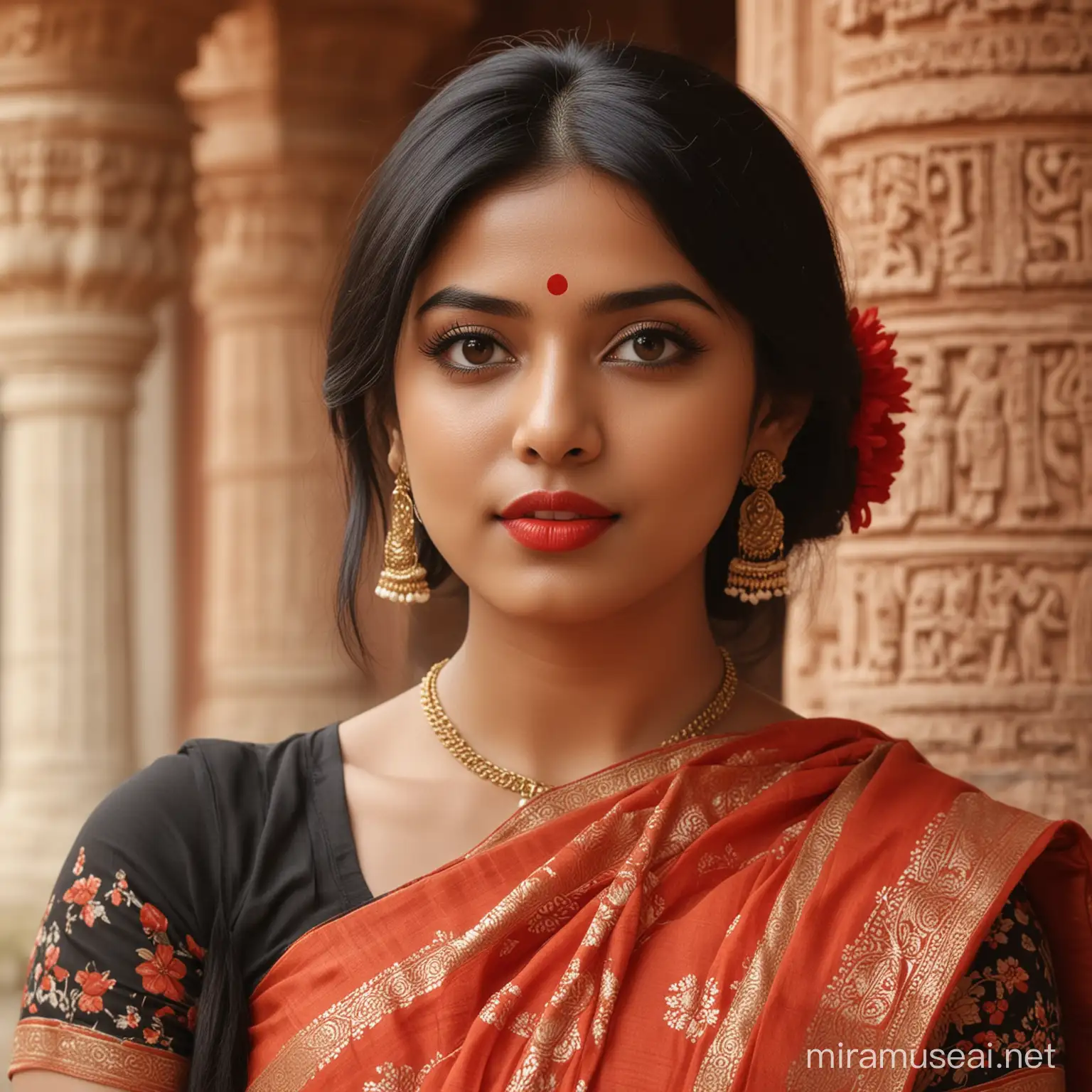 Realistic photography detail. Half body beautiful Bengali girl with black hair, ((terracotta temple background)), photography, portrait of beautiful girl wearing Bengali saree, red lipstick, detail, flowers, soft focus, sidelighting, subtle detail of beautiful eyes, high resolution studio. Hd 16K.