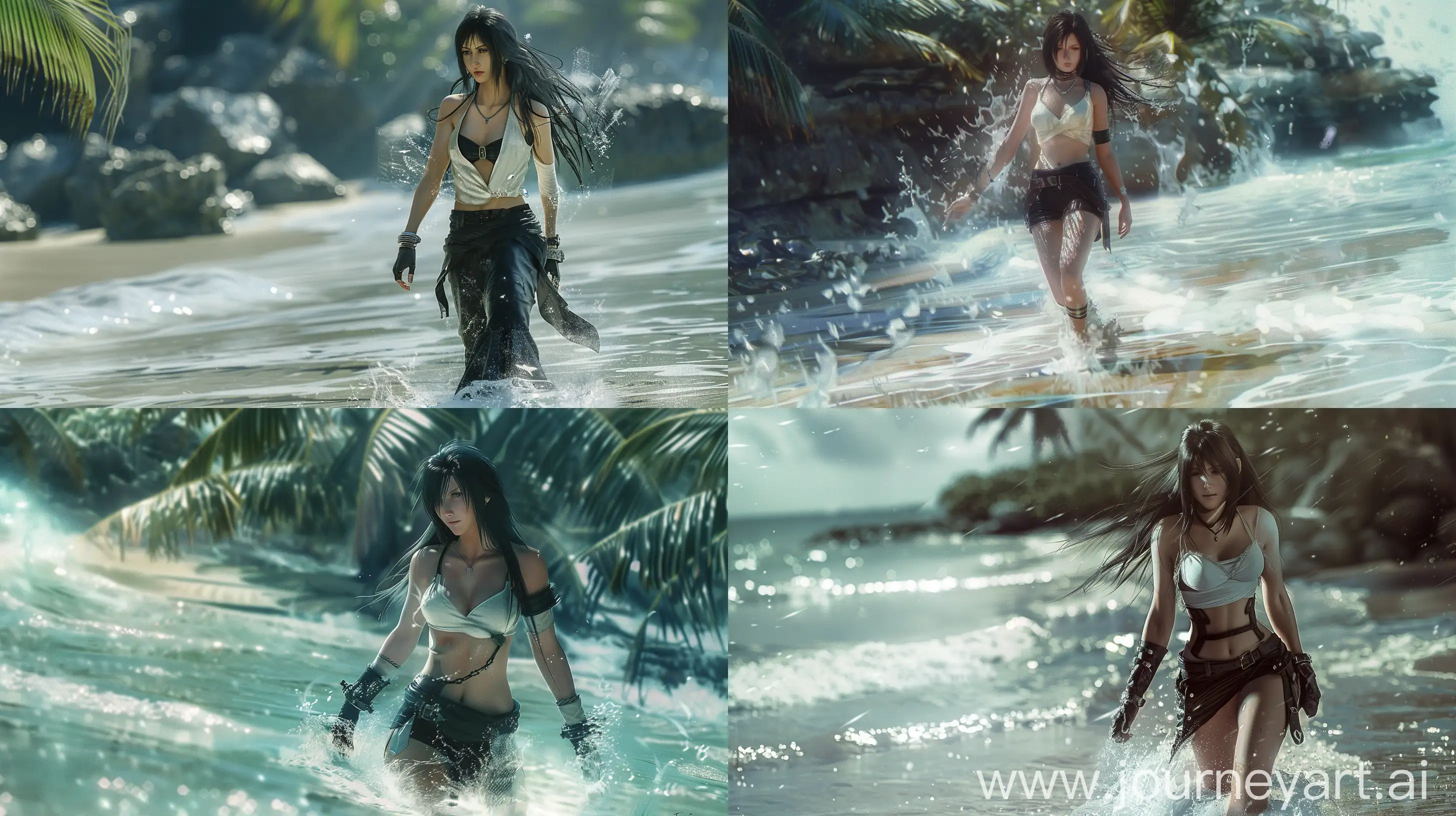 Tifa from Final Fantasy wearing chic clothes. she walks in the surf of the sea. She's on a tropical island, very detailed, very realistic --ar 16:9