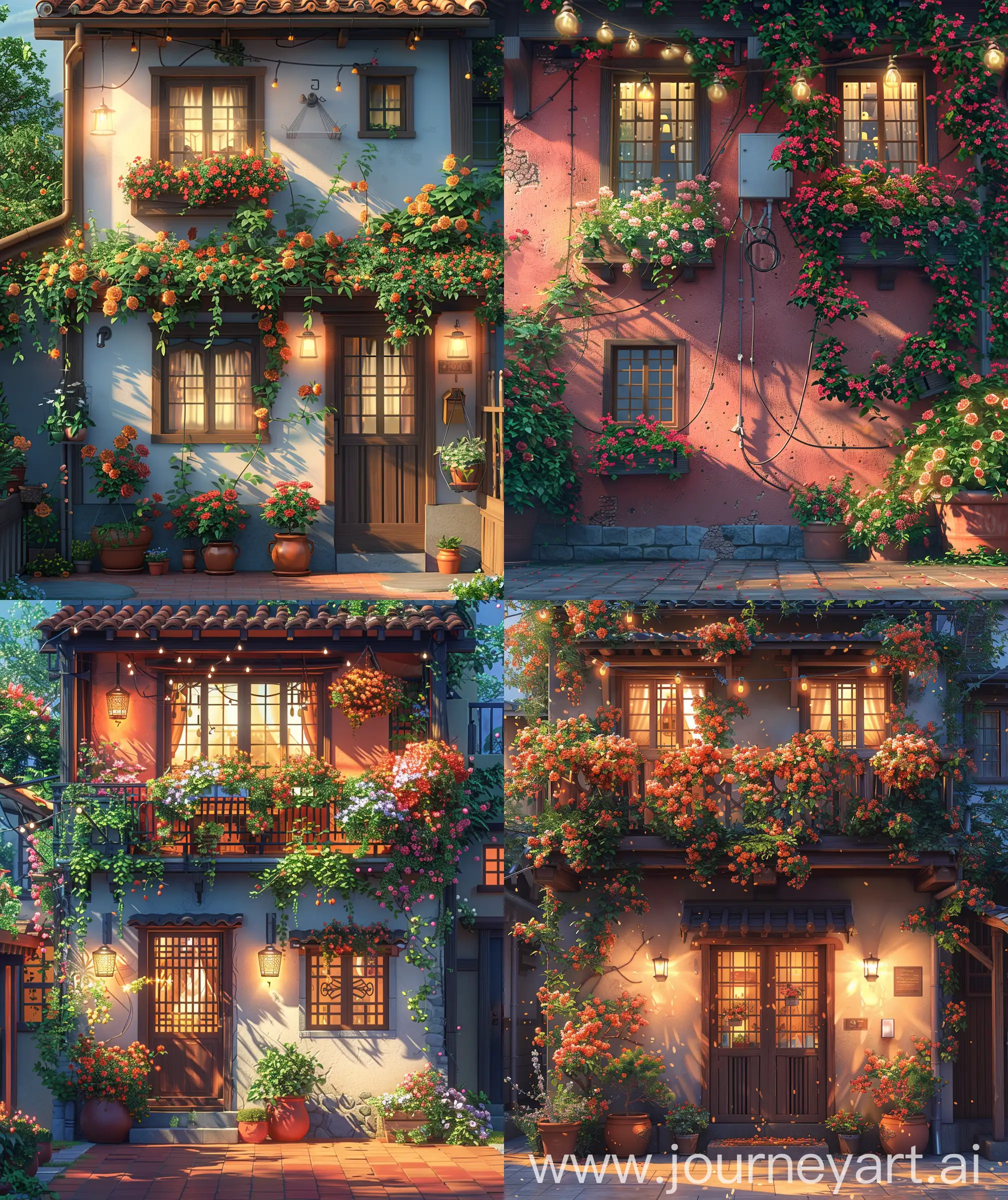 Beautiful anime scenary, illustration ,front facade view of two stories house exterior wall , flower decoration, plant pot, hanging lights, windows, Make same wall color and same flower decoration, aesthetic, sunshine, beautiful, and vibrant, gradient look, 8k, ultra hd, High quality resolution, no blurry image, no hyperrealistic --ar 27:32 --s 600