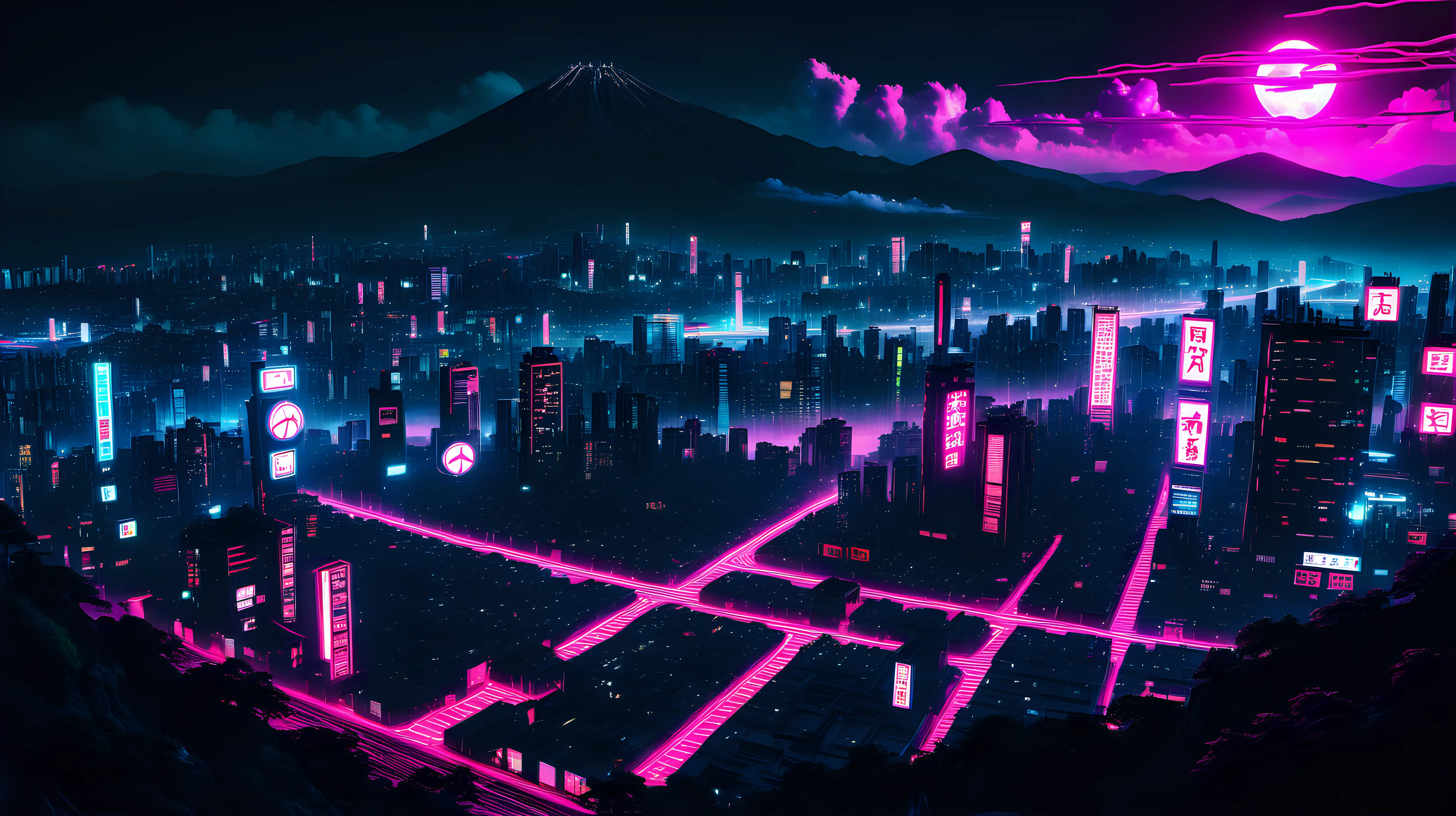 Japanese cyberpunk neon city view over hill