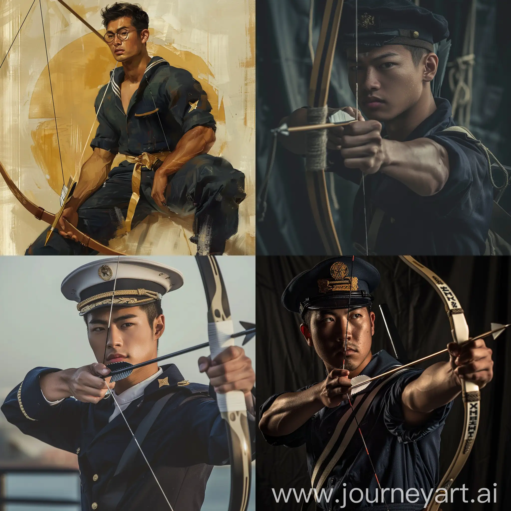 man, navy, archer, asian people, style semi real.