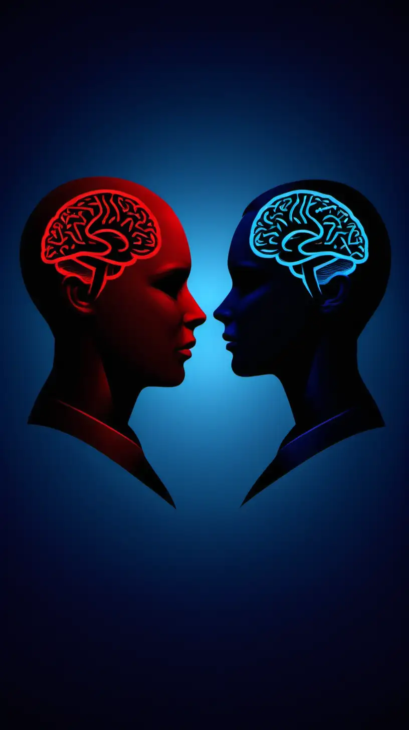 Dark Psychological Portraits Male and Female Figures on Red and Dark Blue Background