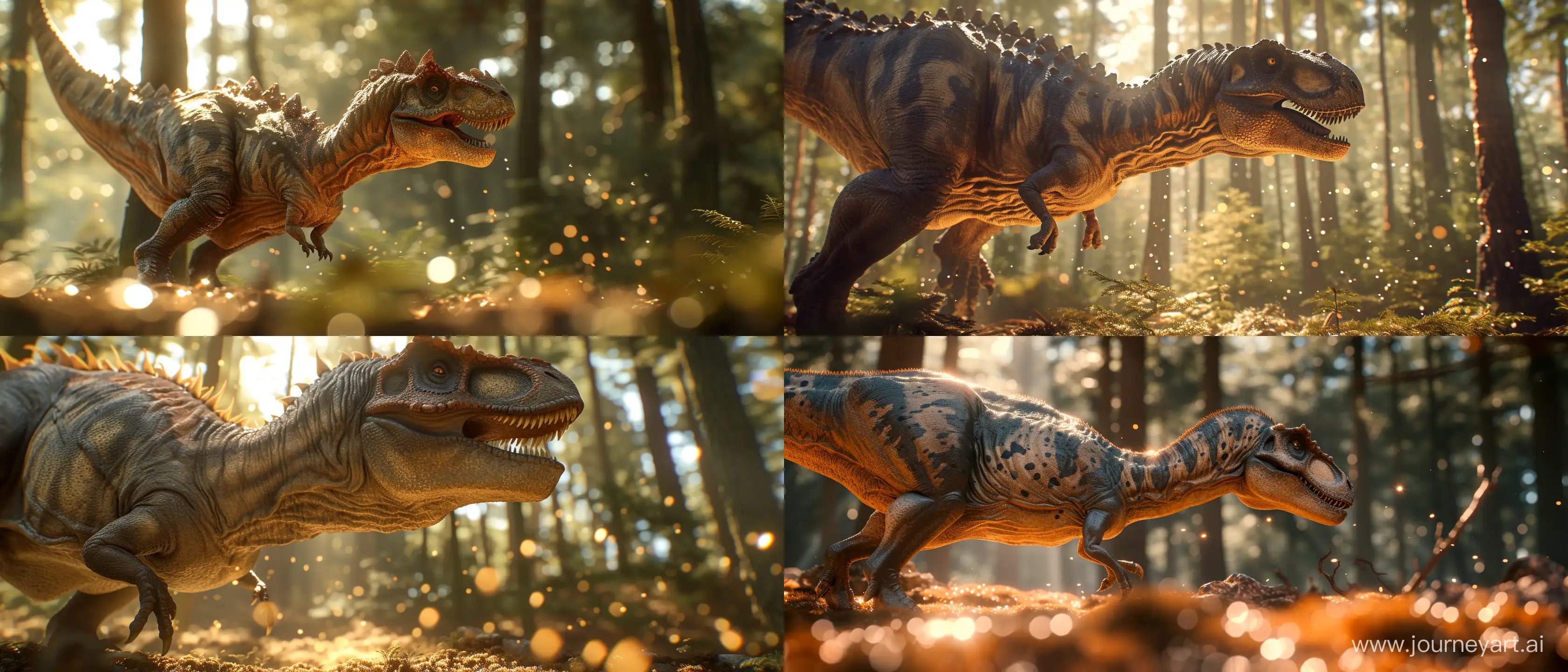 Dinosaur in the forest; sunny day; close up on some objects in the scene with advanced blurring techniques in specific parts of the close up; using all the graphic, lighting, design and scenery techniques of the most hyper-realistic and current animations of the last generation; Ray tracing at an absurd and exaggerated level; 32k; absurd details; advanced mirroring techniques; better CGI; advanced blurring techniques in some specific points; advanced lighting techniques; cinematic style; Blurred
 bottom; Some blurred lights in different sizes; small points of light throughout the image; Parts of the image and the parts that were not blurred with as much absurd detail as possible in 32k quality; --ar 21:9 --v 6.0