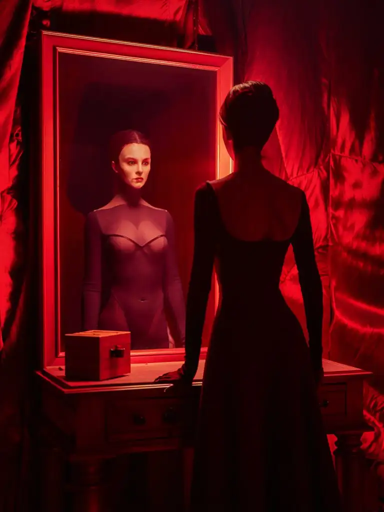 Shadows of a woman standing in front of a mirror, next to her a table topped with a small wooden box, in a red-lit room.