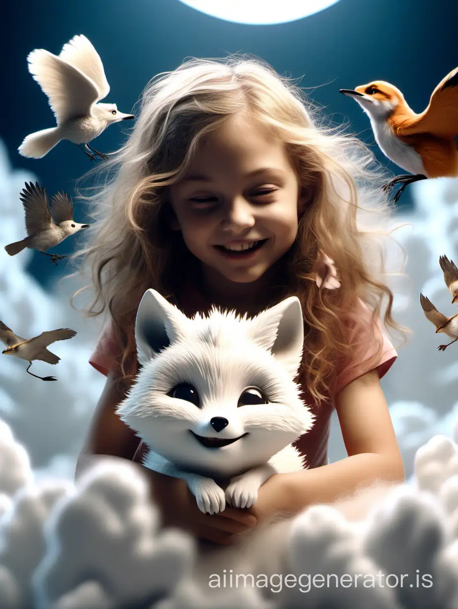 close-up of a charming fluffy cloud, a cute little smiling white fox above a soaring cloud with birds flying past, a little laughing girl with wide-open eyes sitting astride a fox cub, focusing on the character, plasticine, dynamic lighting, large depth of field, 3D, photorealistic 16k resolution. , masterpiece, zentangle, breathtaking intricate details, realism, spectacular natural lighting, slow motion animation, high-quality CGI VFX graphics, trends on Artstation Unreal Engine 5