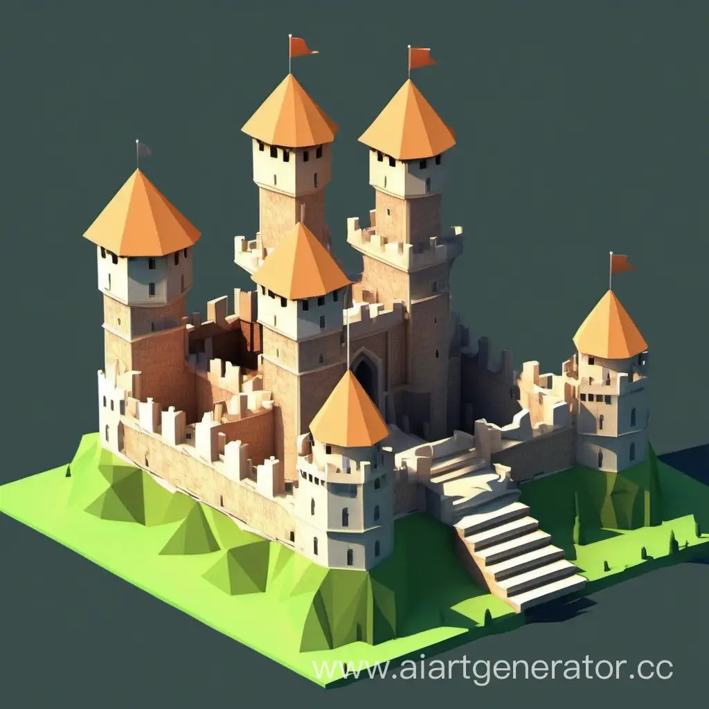 low poly multi-level castle with round towers