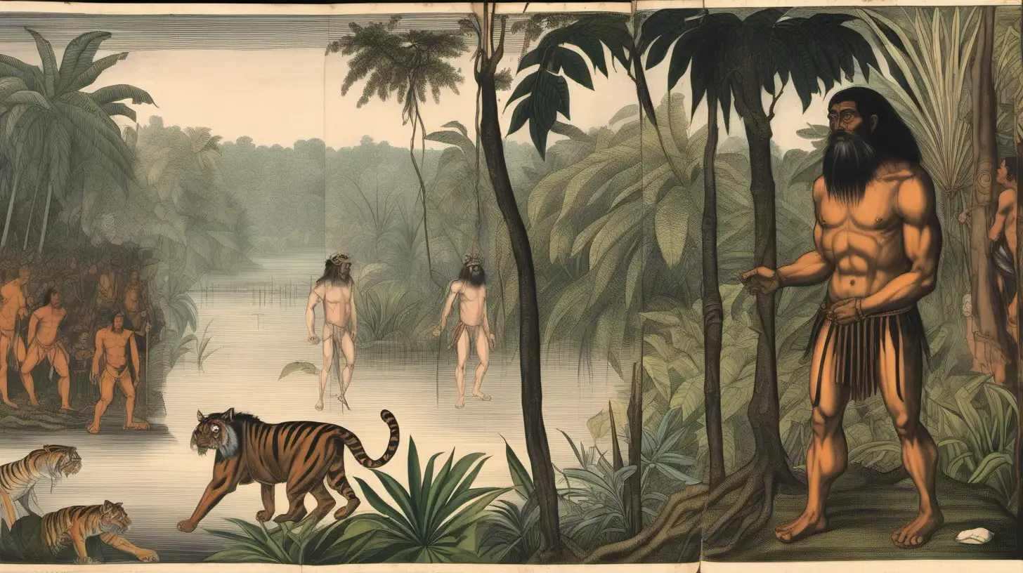 A 16th century Spanish man with long black hair and a black long beard is shirtless and standing by the river of the Amazon river and jungle surrounded by a shaman who is part tiger and part human. It is raining and the scene is very humid, they're surrounded by wet jungle. In the style of theodore de bry without any text captions.