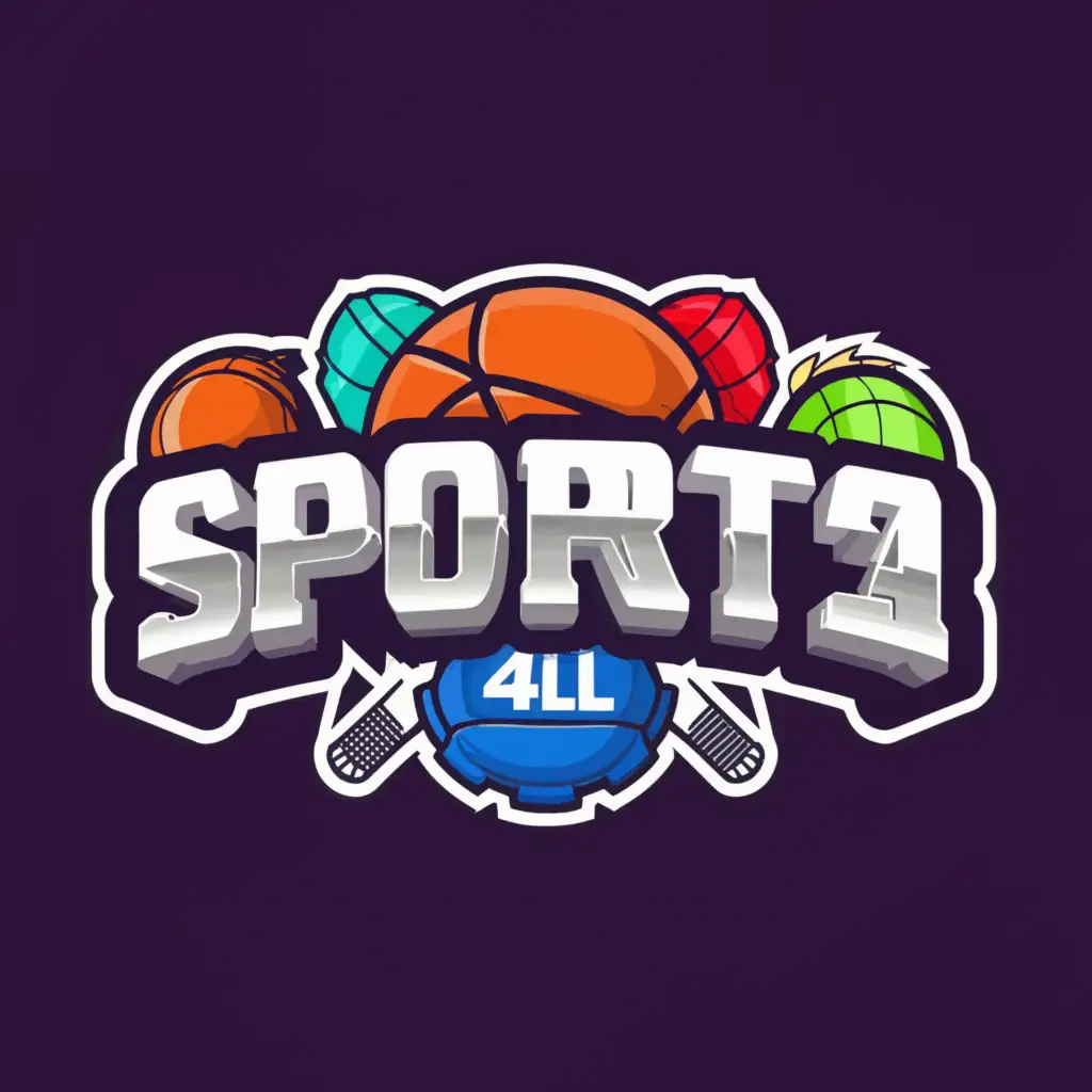 a logo design,with the text "Sports4ALL", main symbol:balls and hockey pucks sports equipement,complex,be used in Sports Fitness industry,clear background