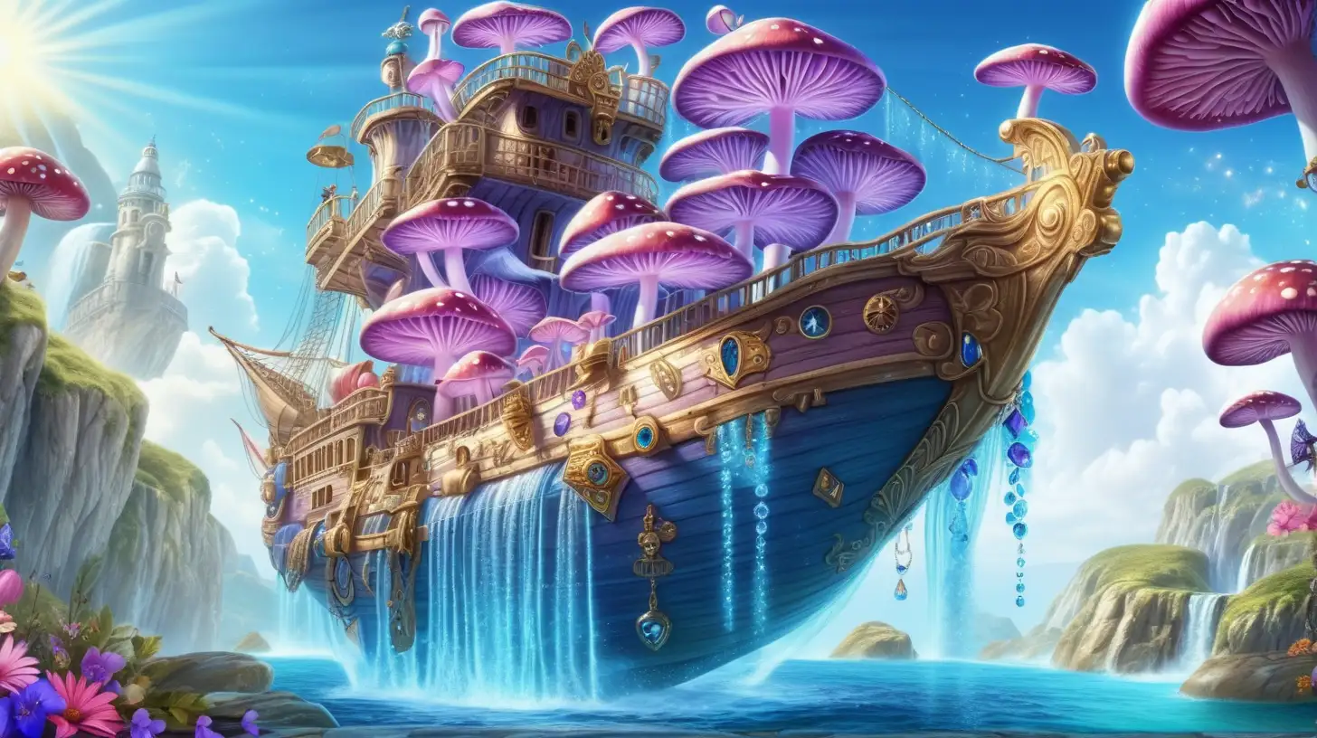 Magical Fairytale bright blue and purple waterfall-mushrooms and  gold and gemstones and treasure chests and bright-pink flowers-growing on an old-giant flying ship with bright sunny sky