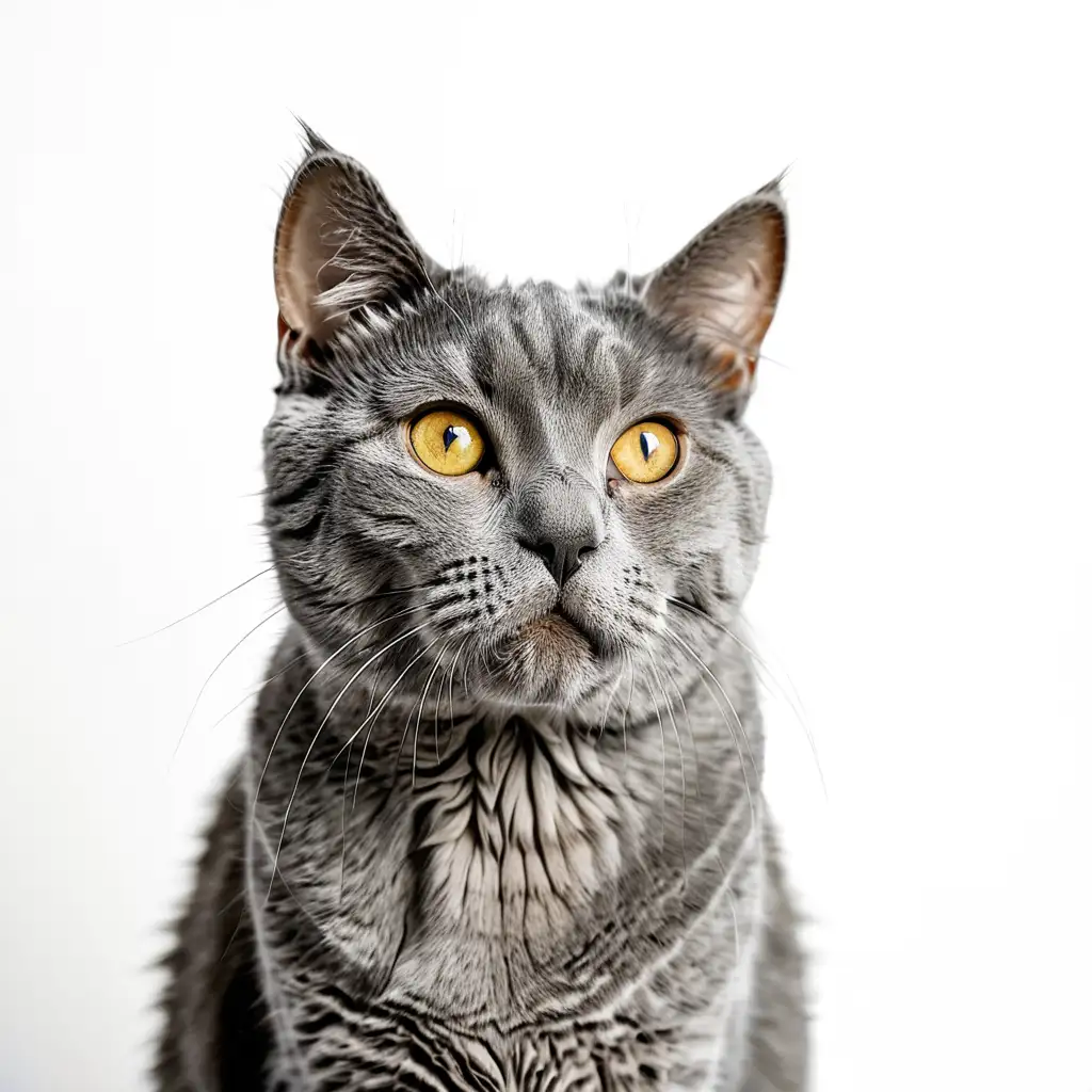 Gato de color gris viendo hacia el frente con fondo blanco