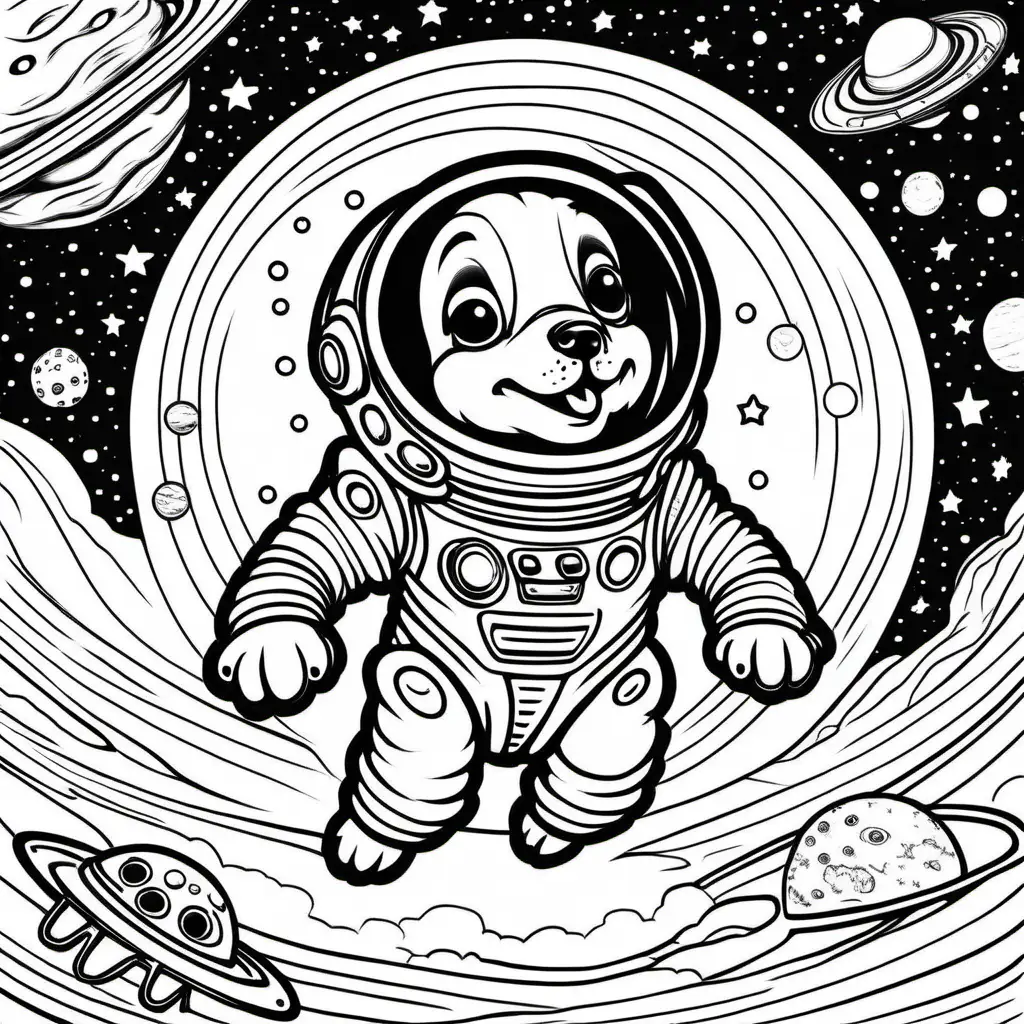 alien dogs playing in space, dark lines, no shading, coloring pages for children
