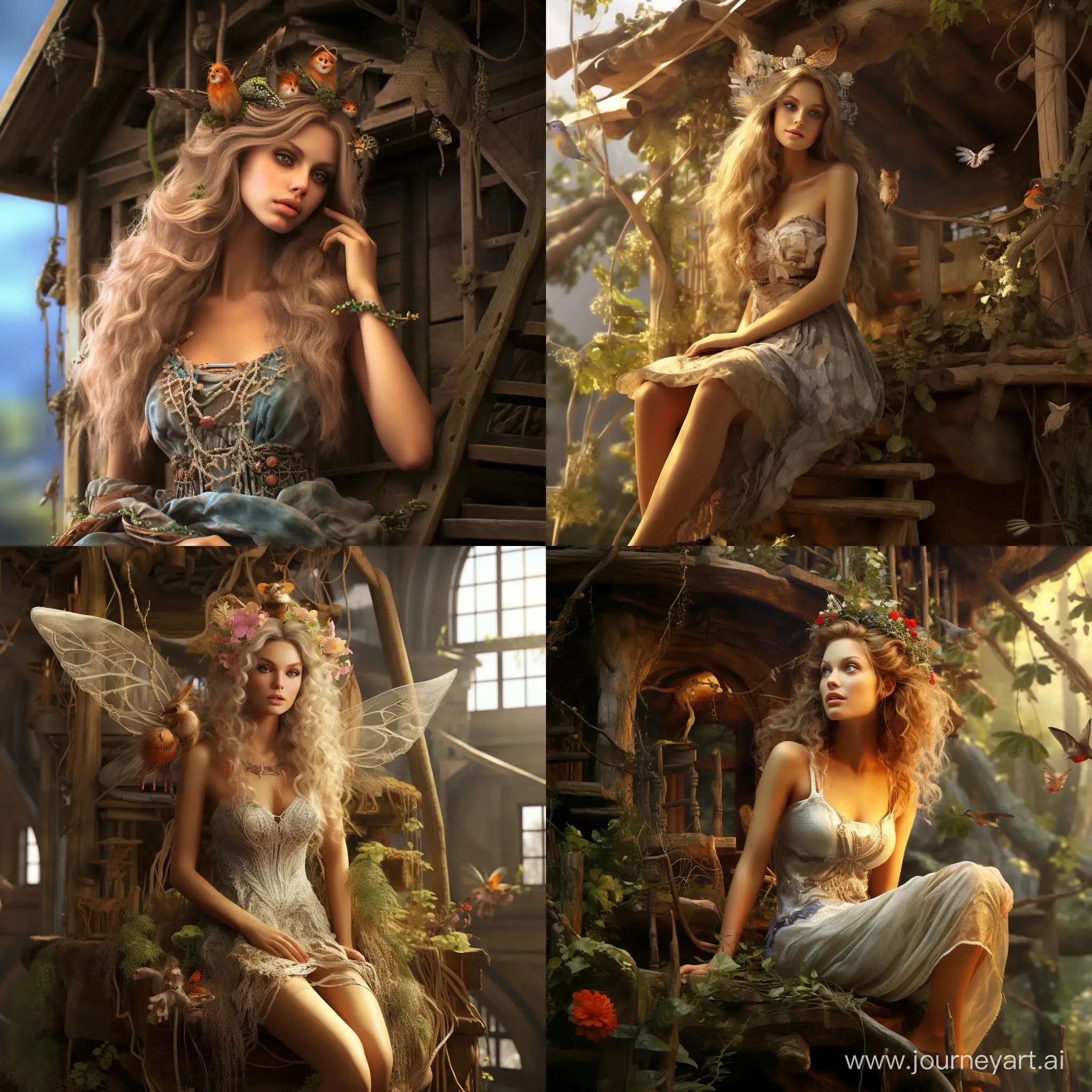 Compassionate-MiddleAged-Fairy-Tending-to-Forest-Creatures-Outside-Her-Enchanted-Tree-House