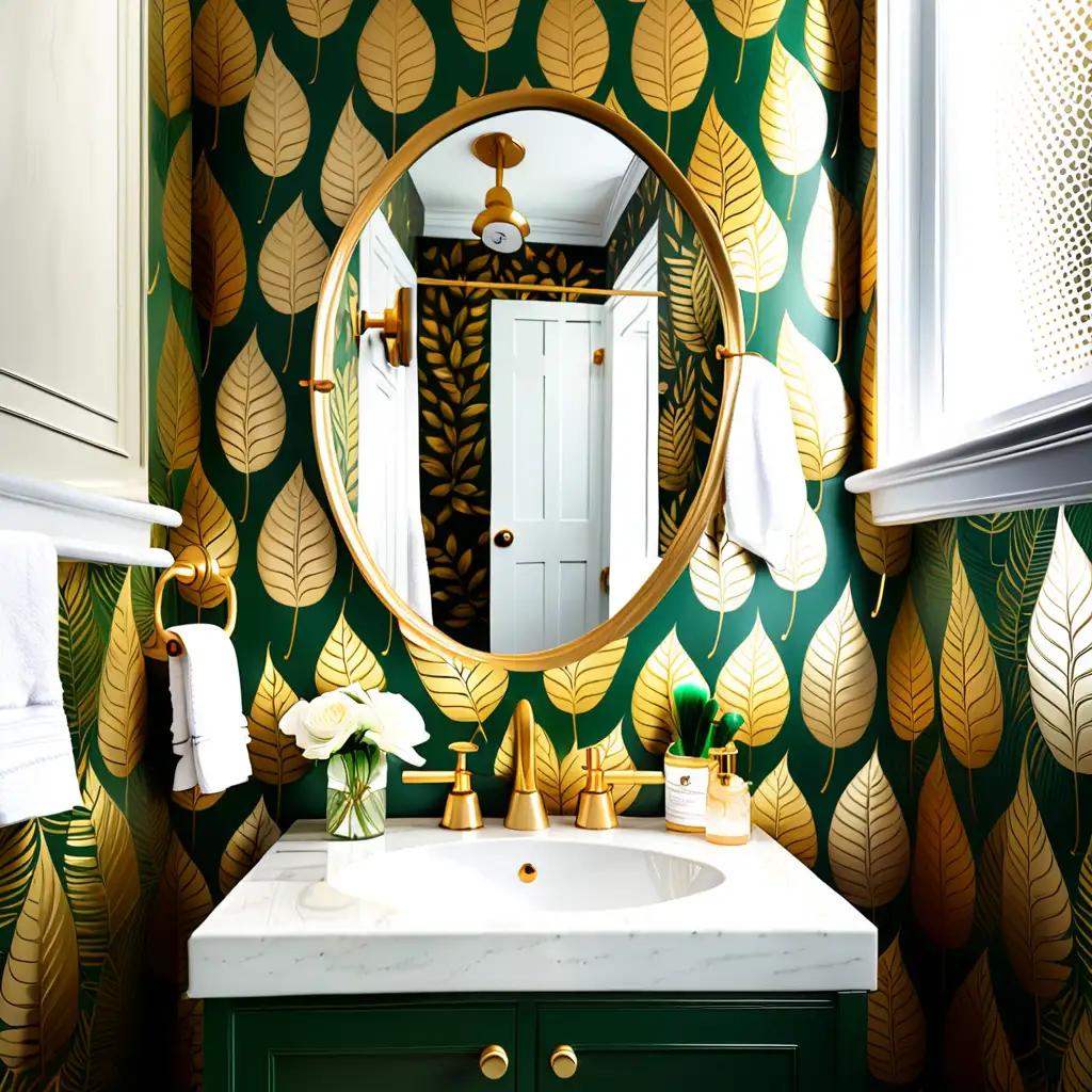 small gold and forest green leaf wallpaper design in bathroom 

