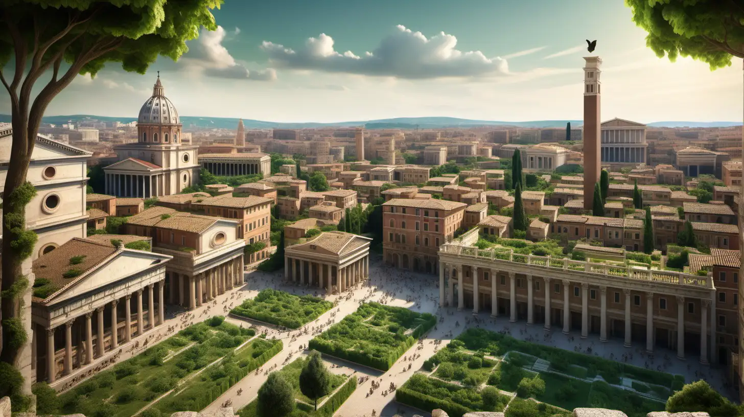 Vibrant Ancient Roman Cityscape with Towering Buildings and Lush Gardens