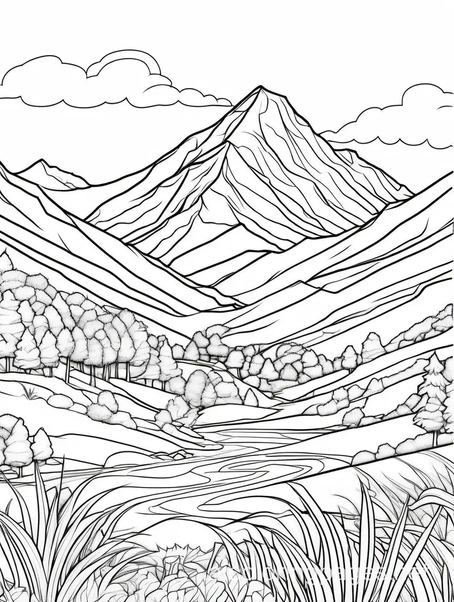 Coloring book artistic image of 2d drawing, ink lines, sketch style, line art very detailed, high resolution, object in the centre, on white background, mountain with grass surrounded, Coloring Page, black and white, line art, white background, Simplicity, Ample White Space. The background of the coloring page is plain white to make it easy for young children to color within the lines. The outlines of all the subjects are easy to distinguish, making it simple for kids to color without too much difficulty, Coloring Page, black and white, line art, white background, Simplicity, Ample White Space. The background of the coloring page is plain white to make it easy for young children to color within the lines. The outlines of all the subjects are easy to distinguish, making it simple for kids to color without too much difficulty