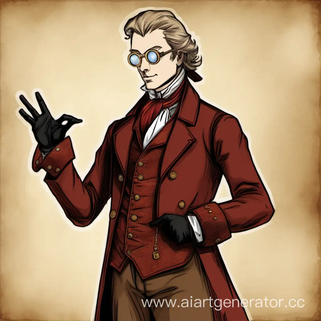 Make a portrait of an itinerant inventor of the 18th century. as in D&D, in a white coat. In a brown suit and with a red jacket and a white tie, he looks 20 years old. Also add black gloves. Also make the image itself look like it was drawn very beautifully. Make a few more hand gestures. And he has Goggle steampunk glasses. He also has light brown hair and they are of the "British" style