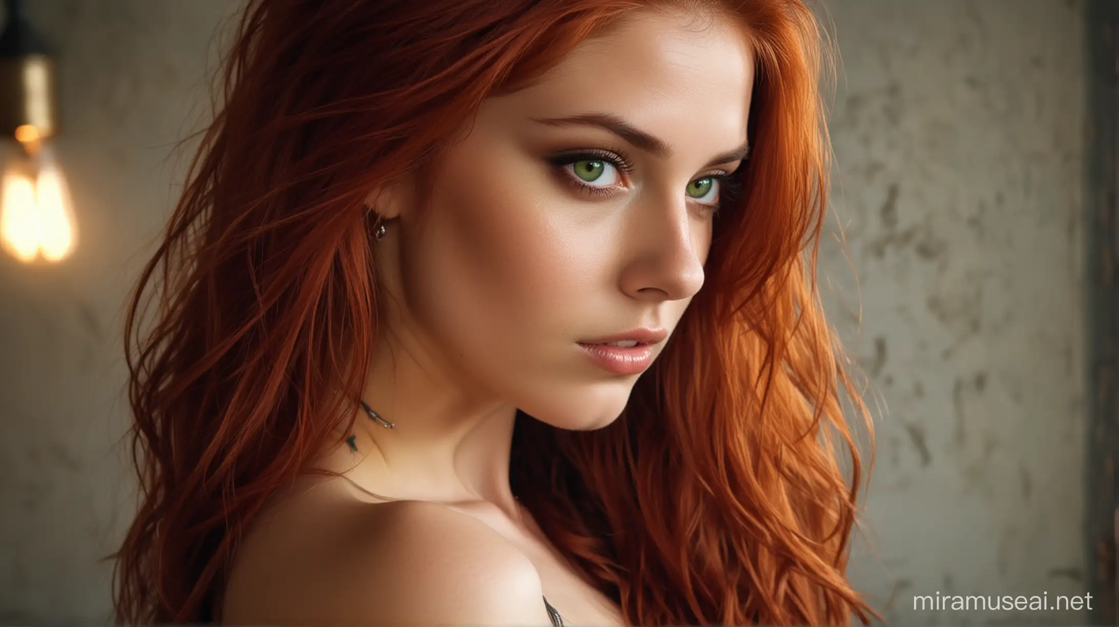 A seductive girl with fiery red hair and piercing green eyes, lost in the throes of passion with her lover in a dimly lit room.