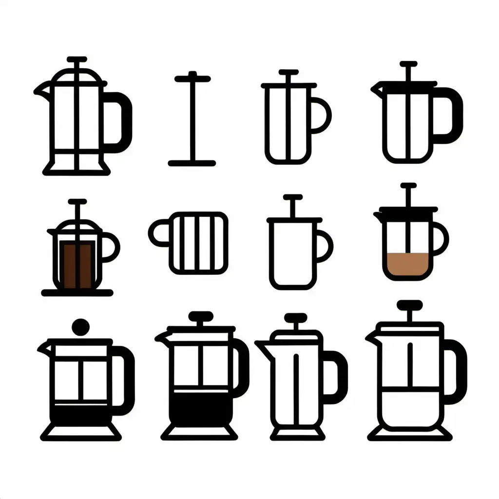 Different Coffee methods: French Press, v60, capuchino machine handler,  icons simple lines in Black color with White background.