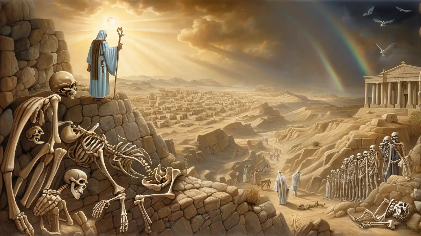 Representation of Ezekiel's vision of the valley of dry bones, symbolizing God's promise to restore the exiled people of Israel and bring new life to a spiritually dead nation.