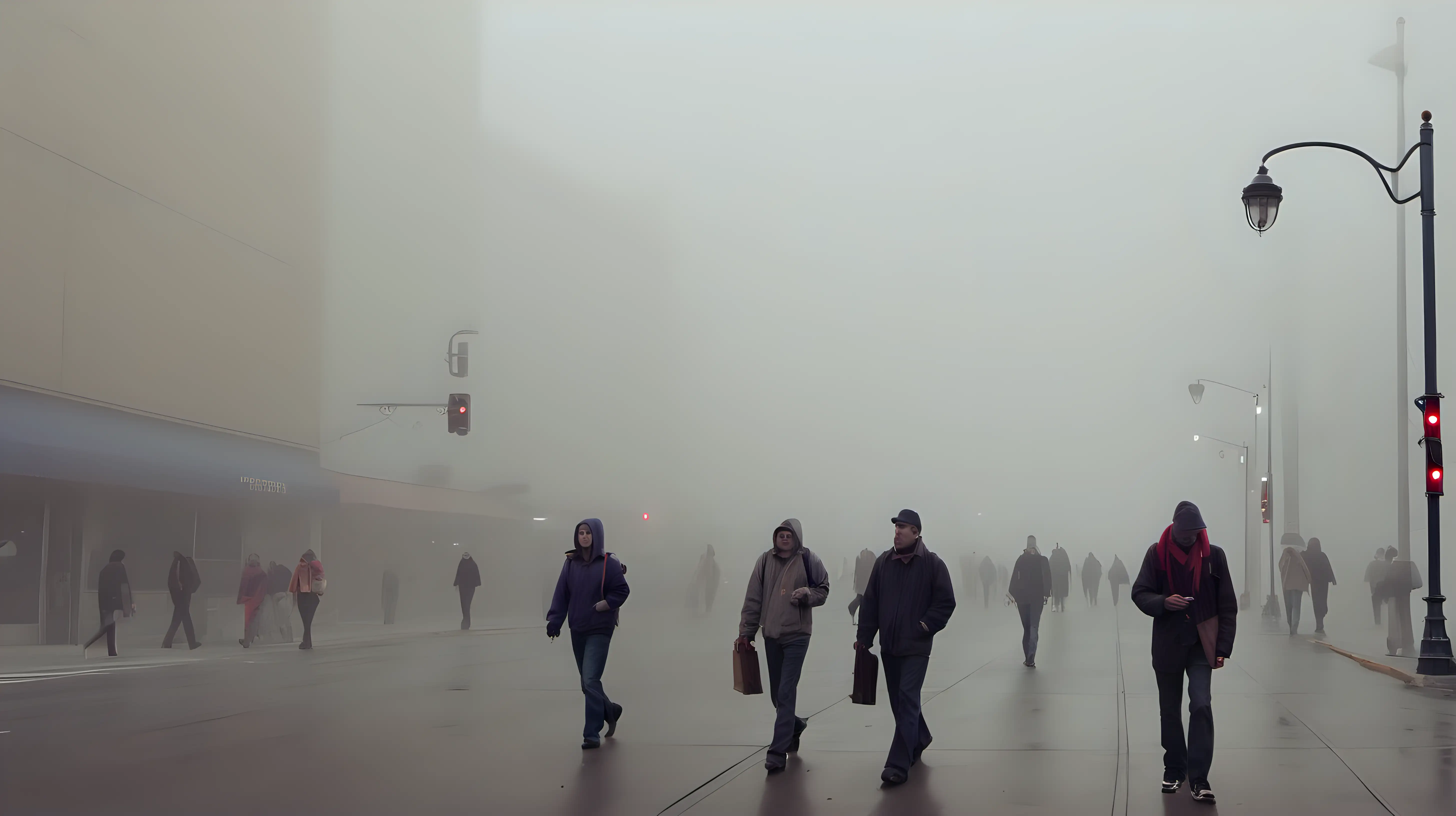 Urban Commuters Amidst Dense Fog in Downtown