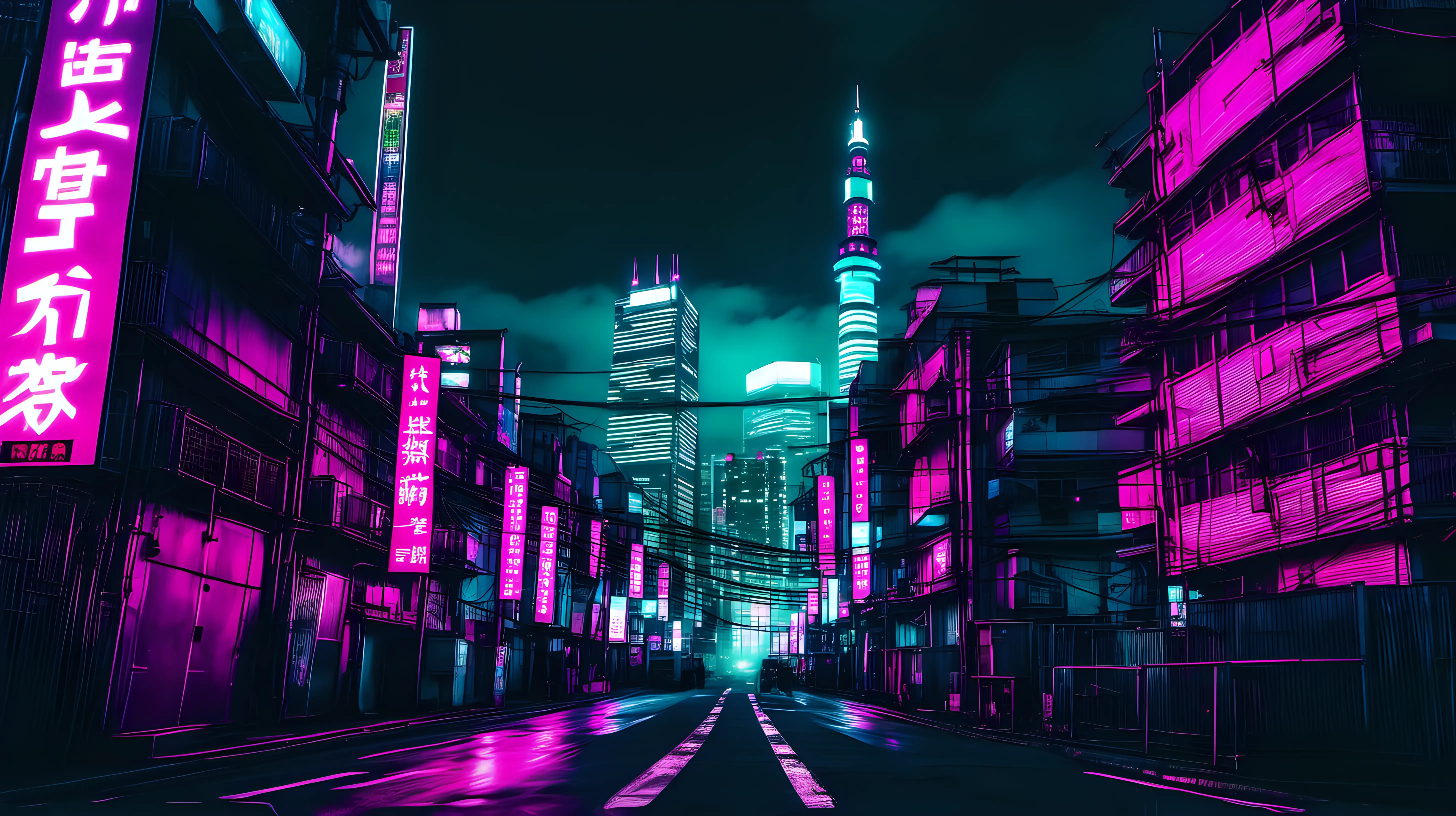 Nocturnal Cyberpunk Cityscape in Tokyo Dark Moody Night with Cyan and Fuchsia Lights