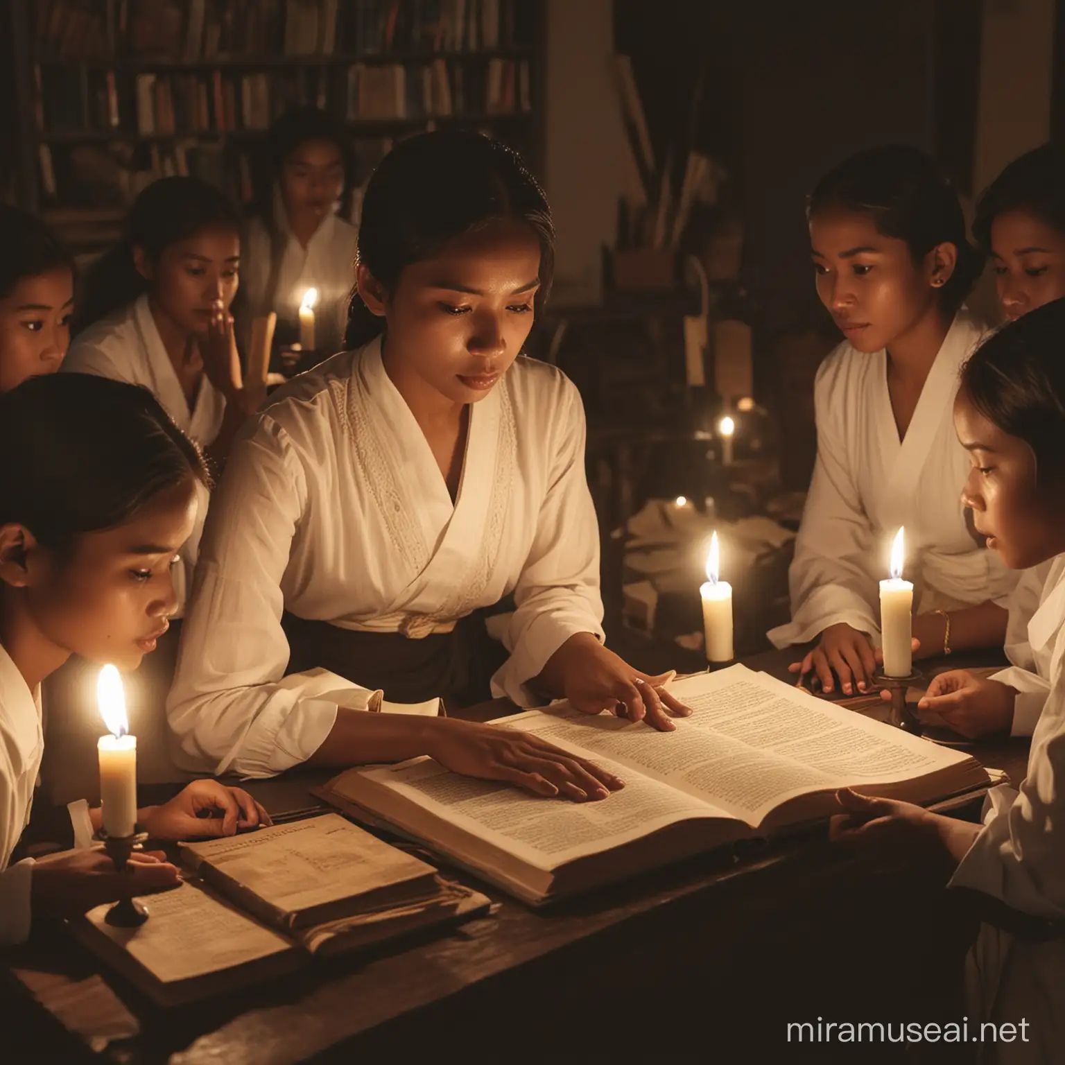 A young Javanese girl, determined and passionate, secretly teaching a group of women and girls under candlelight, surrounded by books and learning materials, symbolizing the fight for women's rights and education in colonial times.
