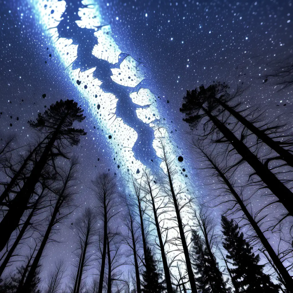 Iridescent Light Shattering Night Sky with Pixie Dust Above Treeline