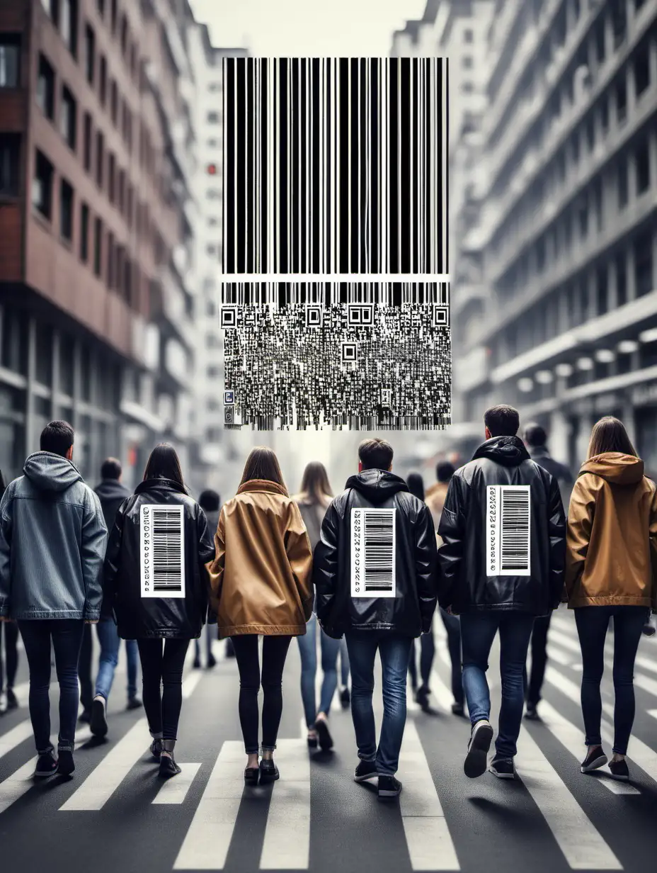 barcodes überall in einer Stadt verteilt mit personen die Jacken mit barcode muster tragen